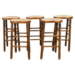 Antique Set of Five Antique Arts & Crafts Turned Elm Bar Sadle Seat Stools 1900