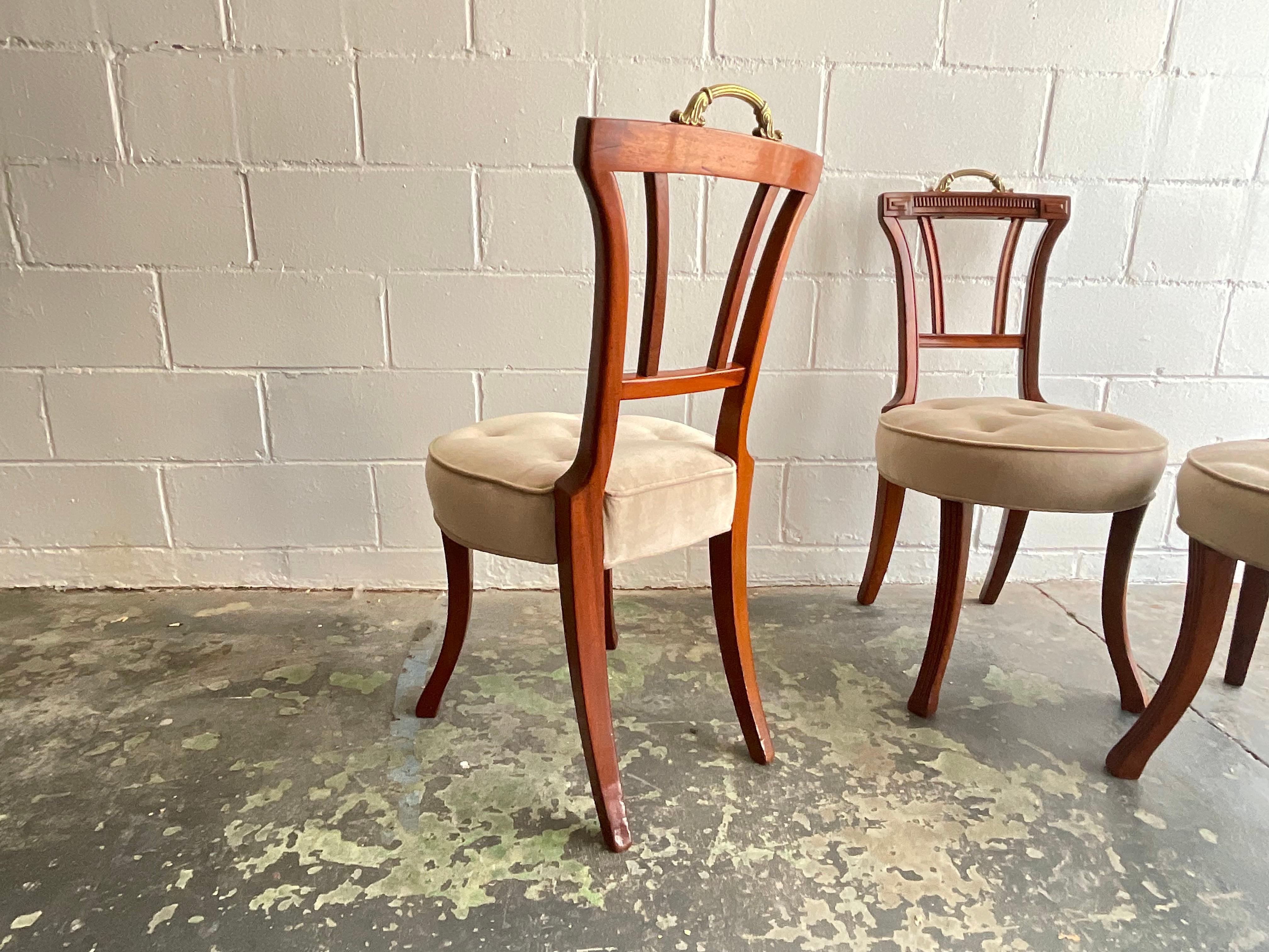 Velvet Antique Set of Four Carved Mahogany Grosfeld House Dining Chairs, 1940s For Sale
