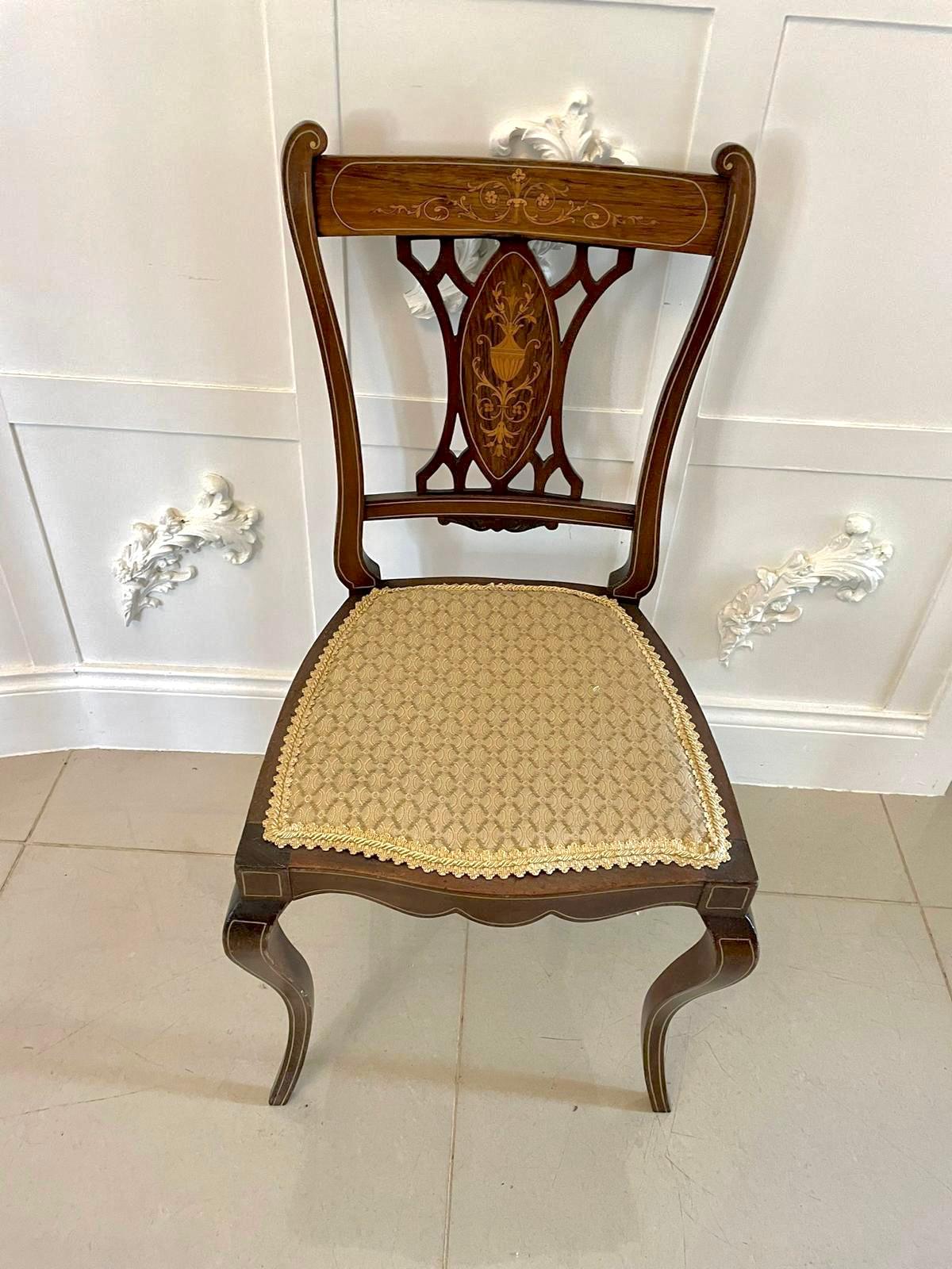English Antique Set of Four Edwardian Rosewood Inlaid Dining Chairs For Sale