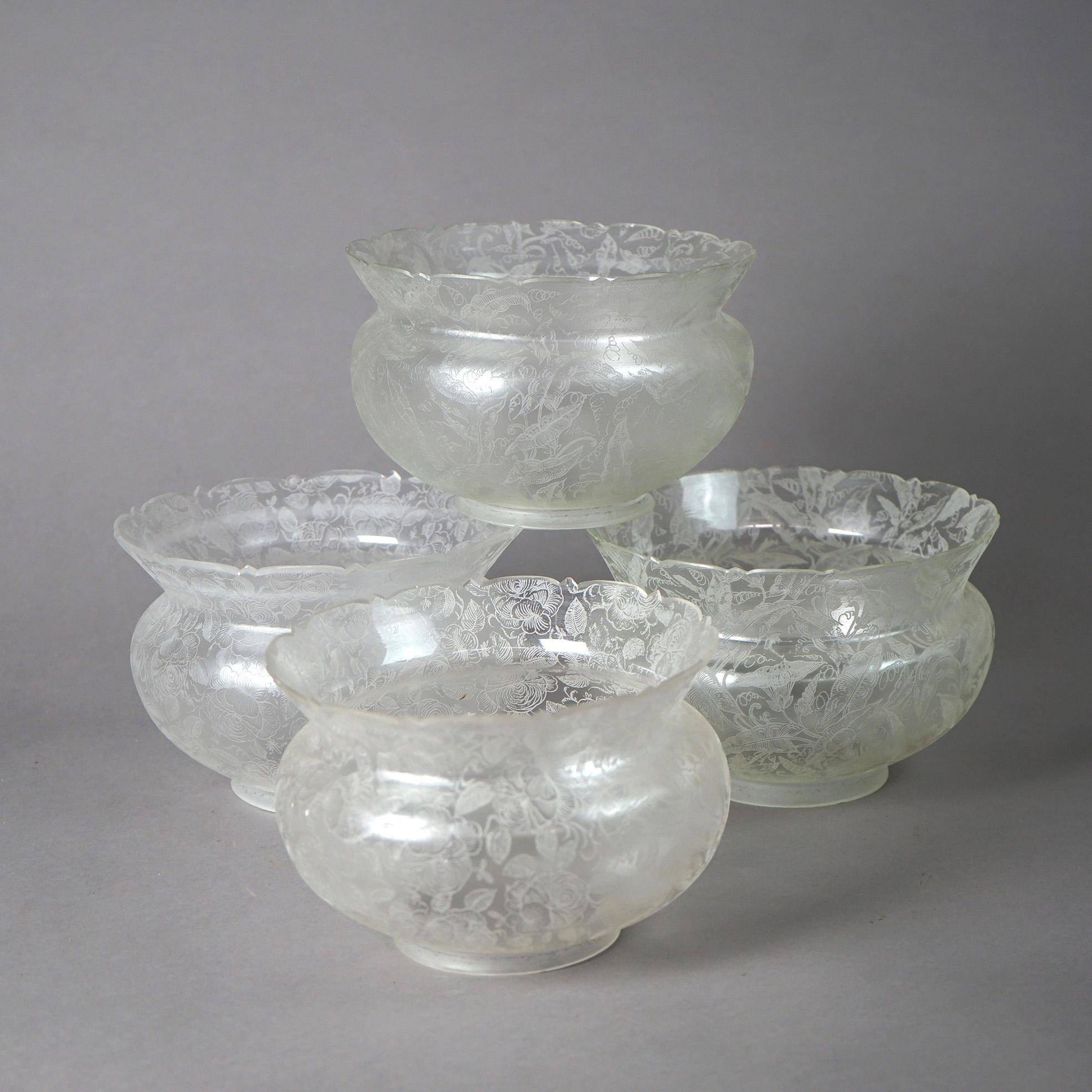 American Antique Set of Four Foliate Etched Glass Gas Chandelier Light Shades 19th C