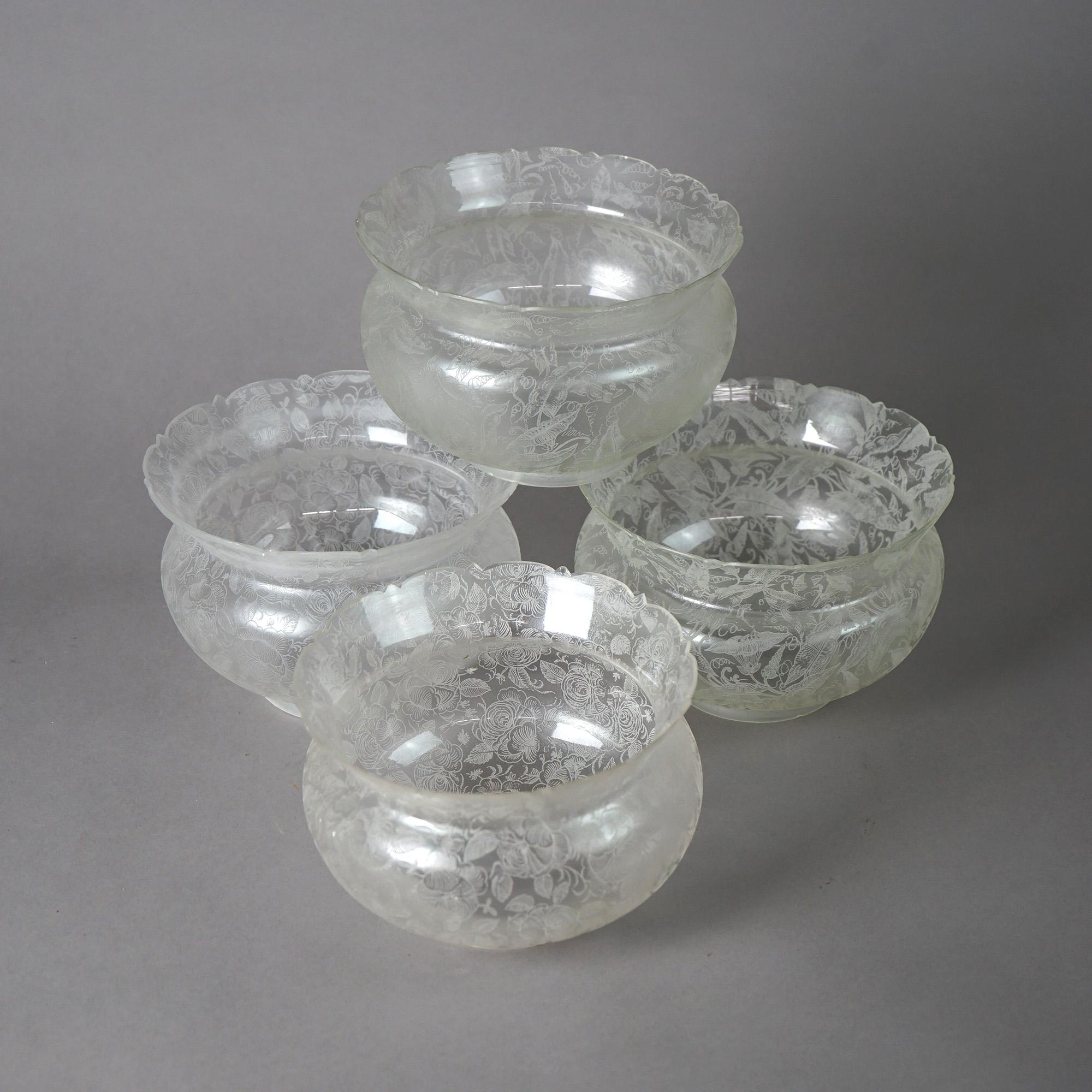 19th Century Antique Set of Four Foliate Etched Glass Gas Chandelier Light Shades 19th C