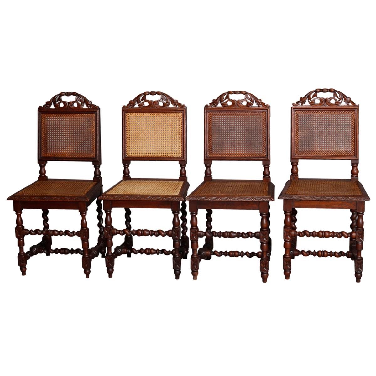Antique Set of Four French Renaissance Carved Walnut & Cane Chairs, 19th Century