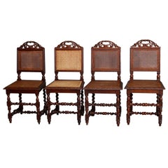 Antique Set of Four French Renaissance Carved Walnut & Cane Chairs, 19th Century