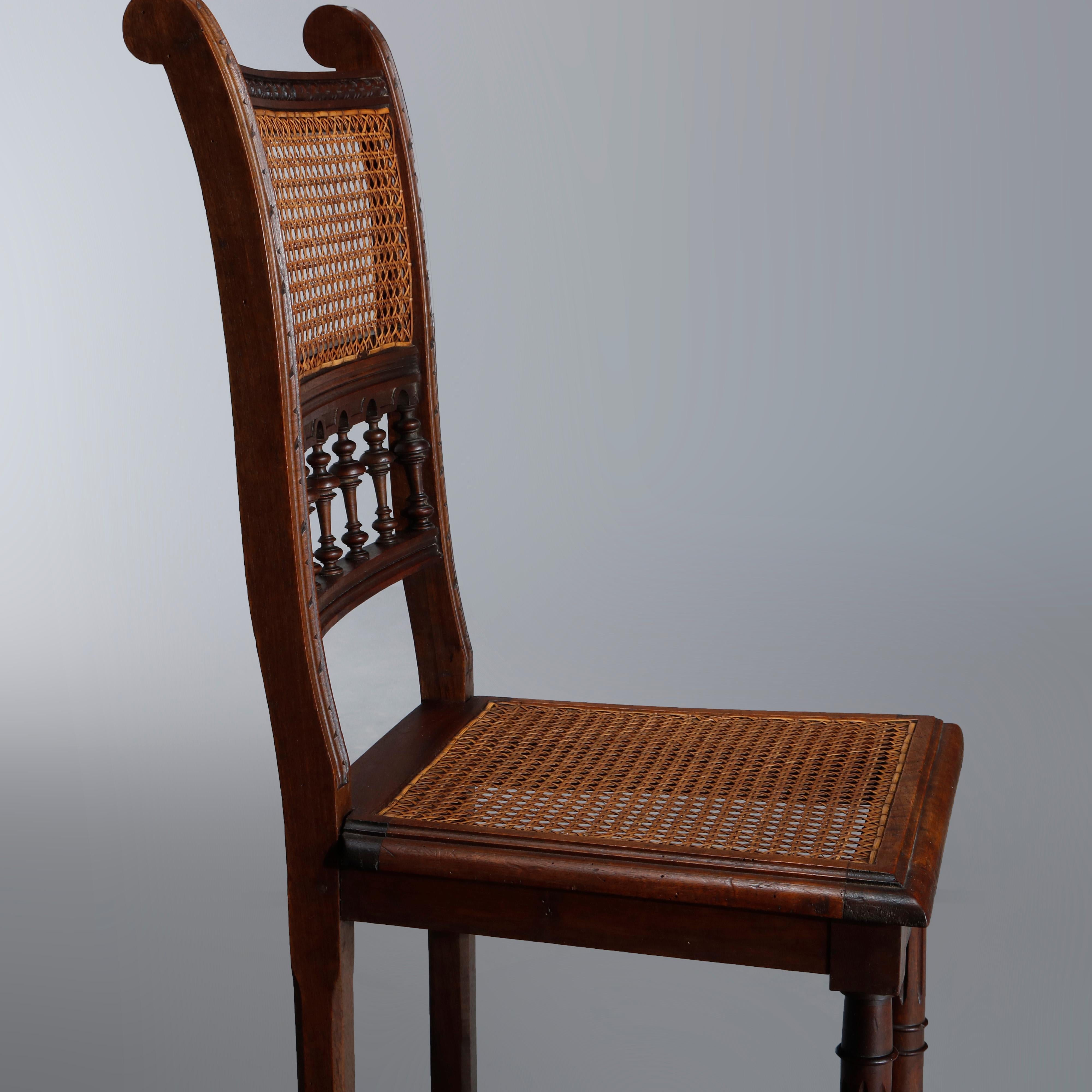 Antique Set of Four Italian Carved Walnut and Caned Dining Chairs, circa 1900 In Good Condition In Big Flats, NY