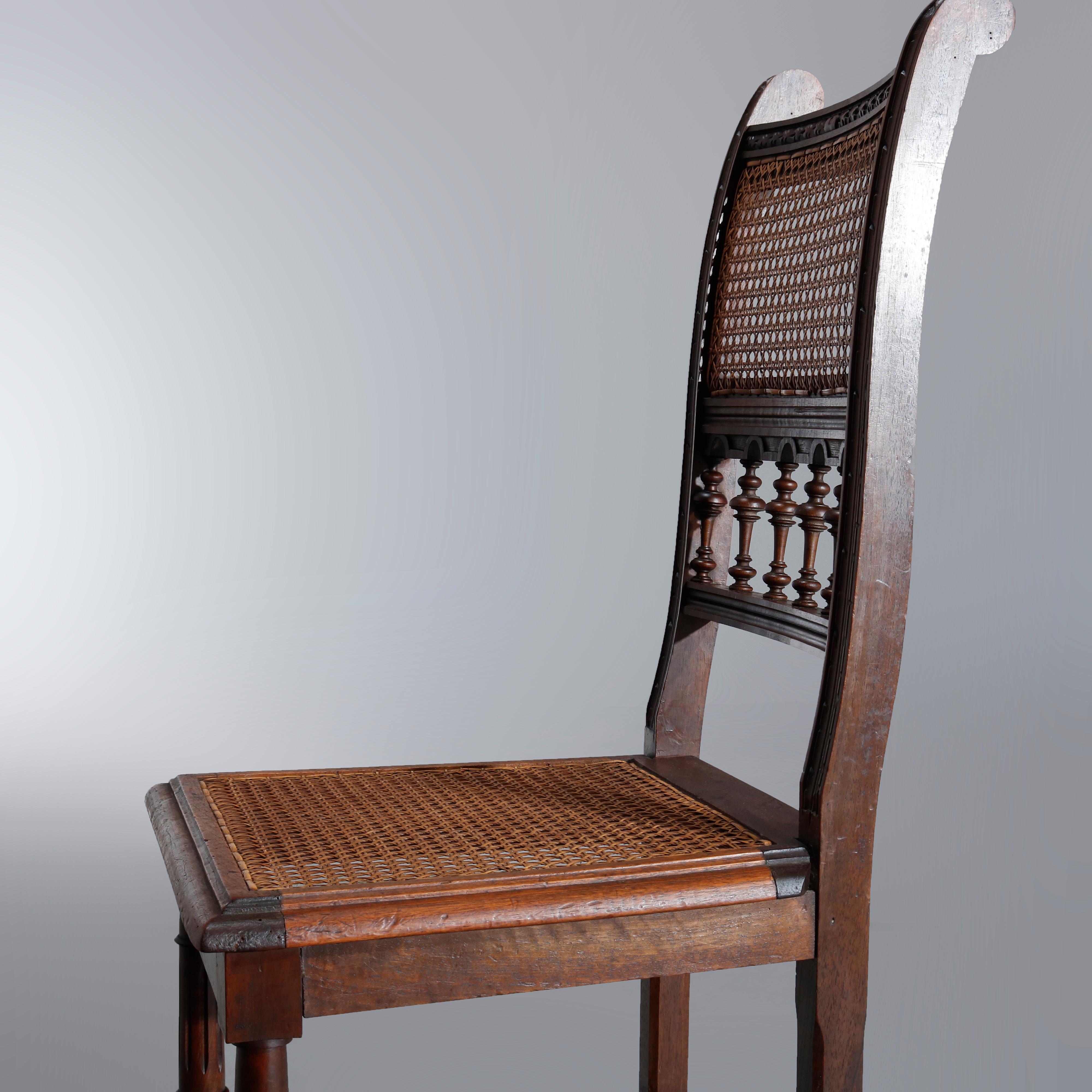 20th Century Antique Set of Four Italian Carved Walnut and Caned Dining Chairs, circa 1900