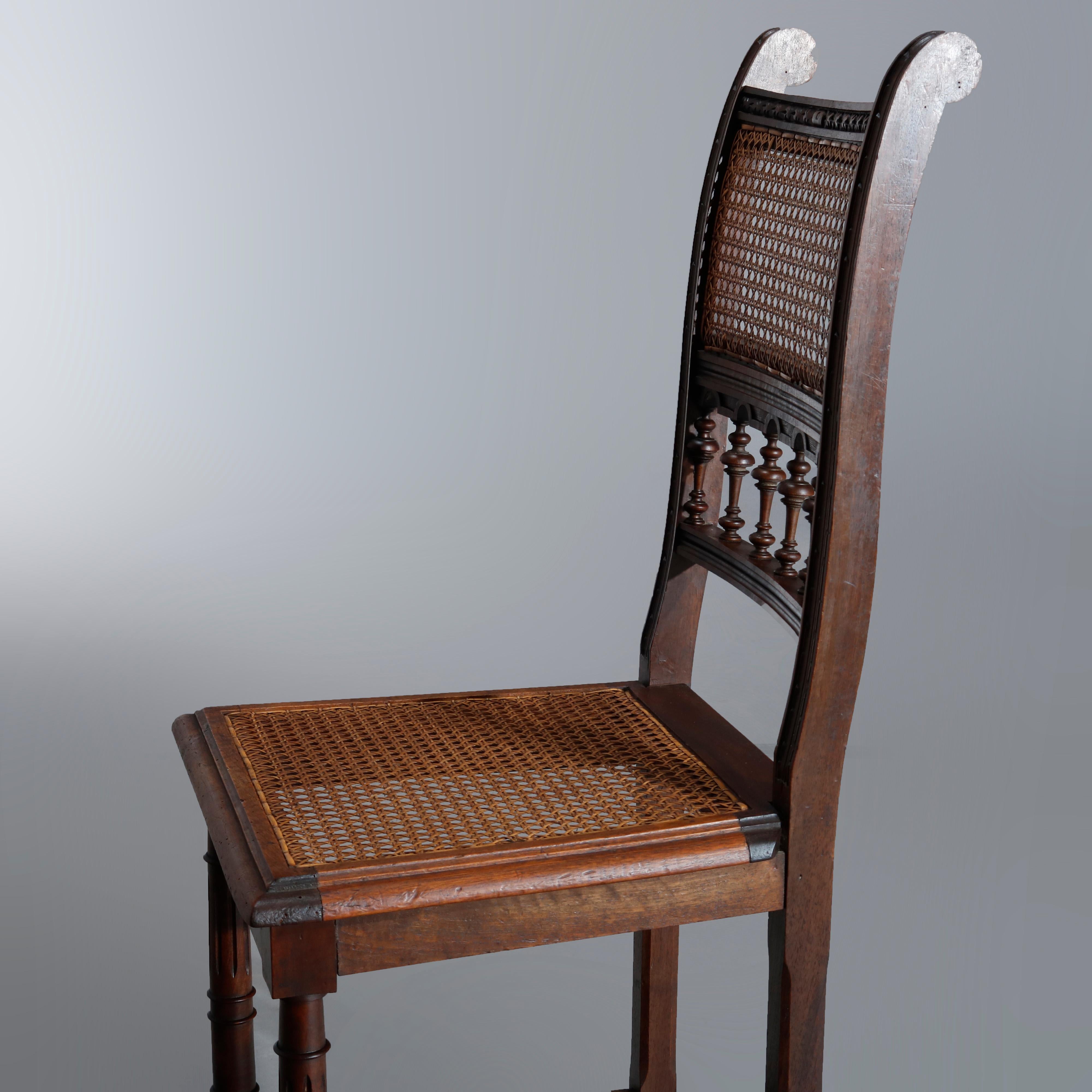 Antique Set of Four Italian Carved Walnut and Caned Dining Chairs, circa 1900 1