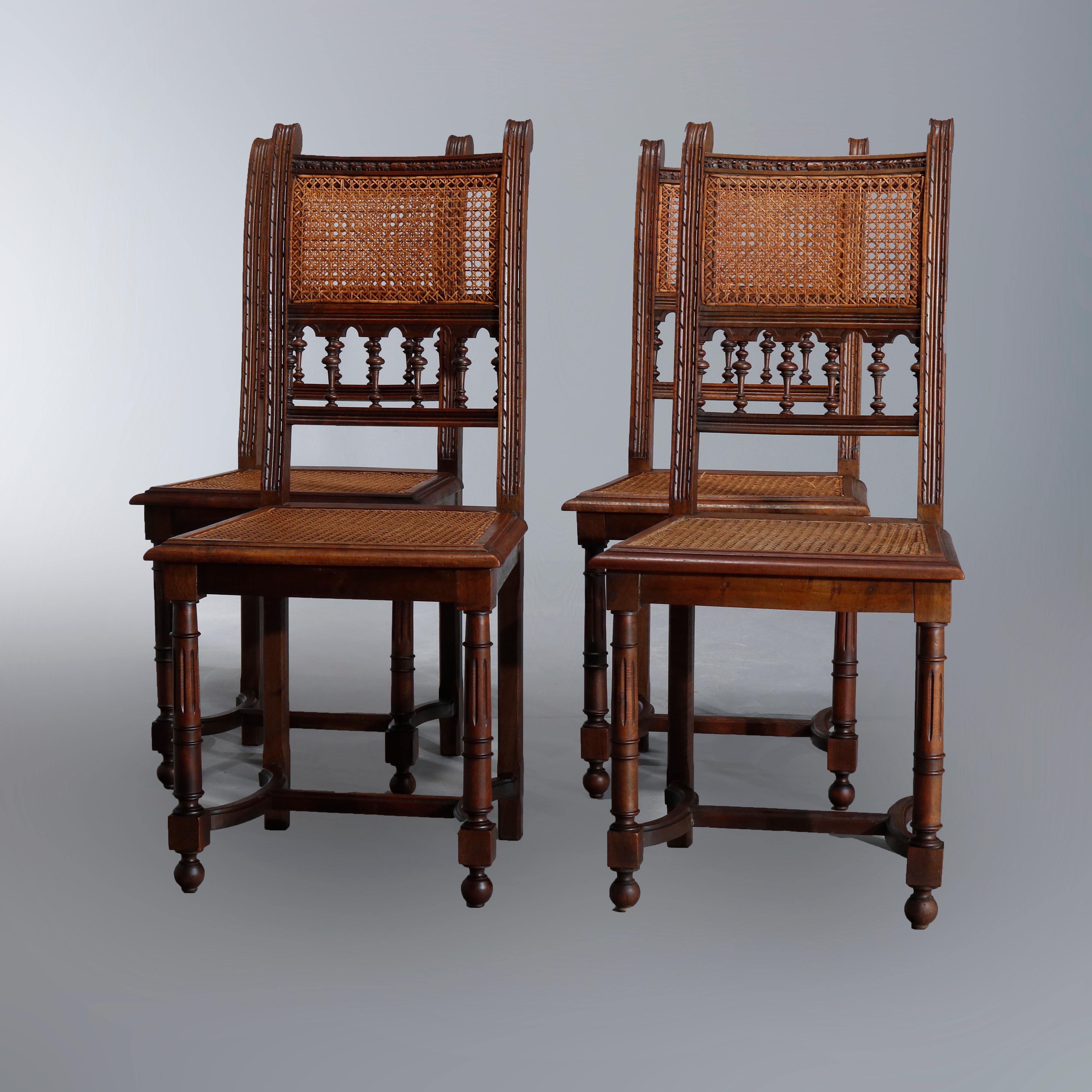Antique Set of Four Italian Carved Walnut and Caned Dining Chairs, circa 1900 2