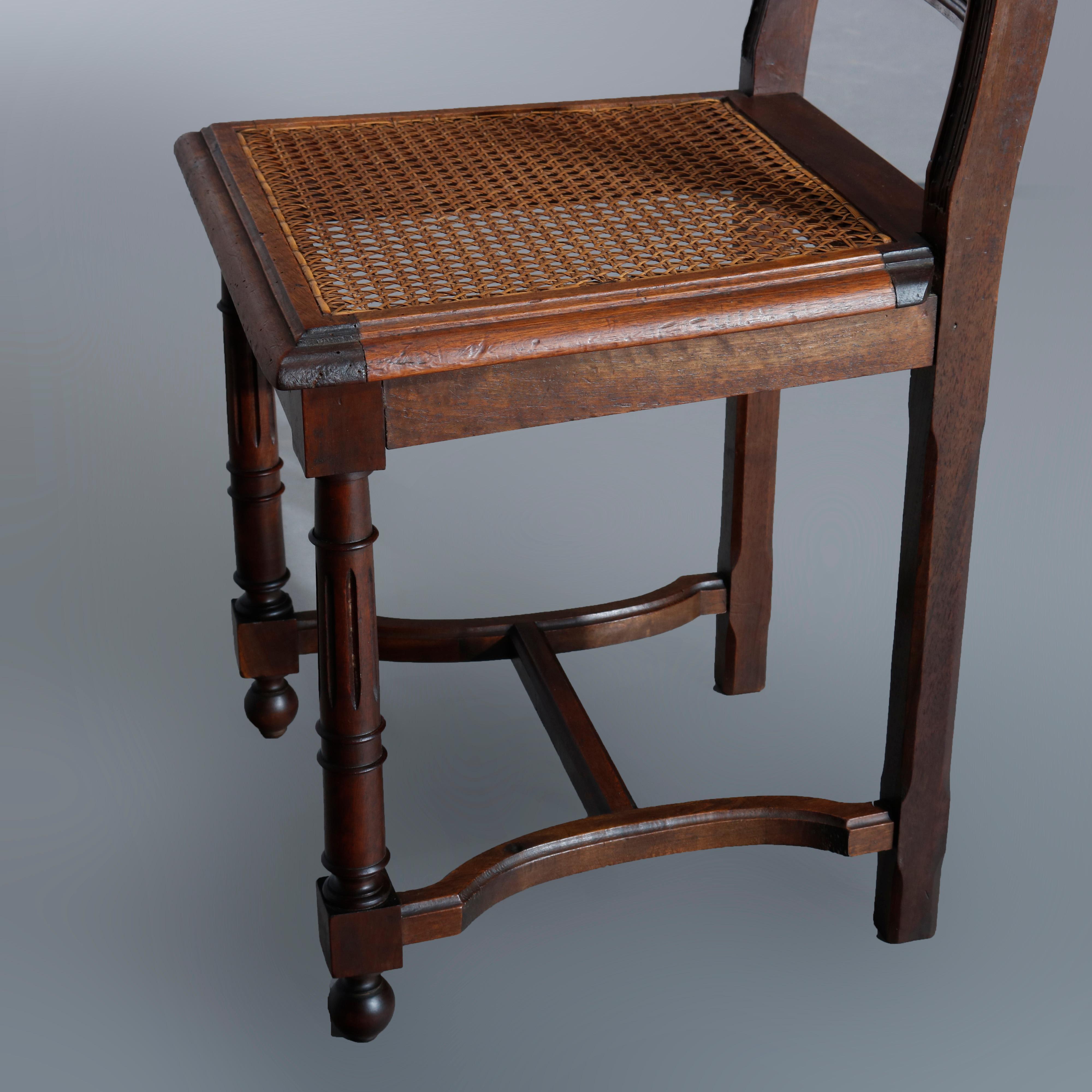 Antique Set of Four Italian Carved Walnut and Caned Dining Chairs, circa 1900 4
