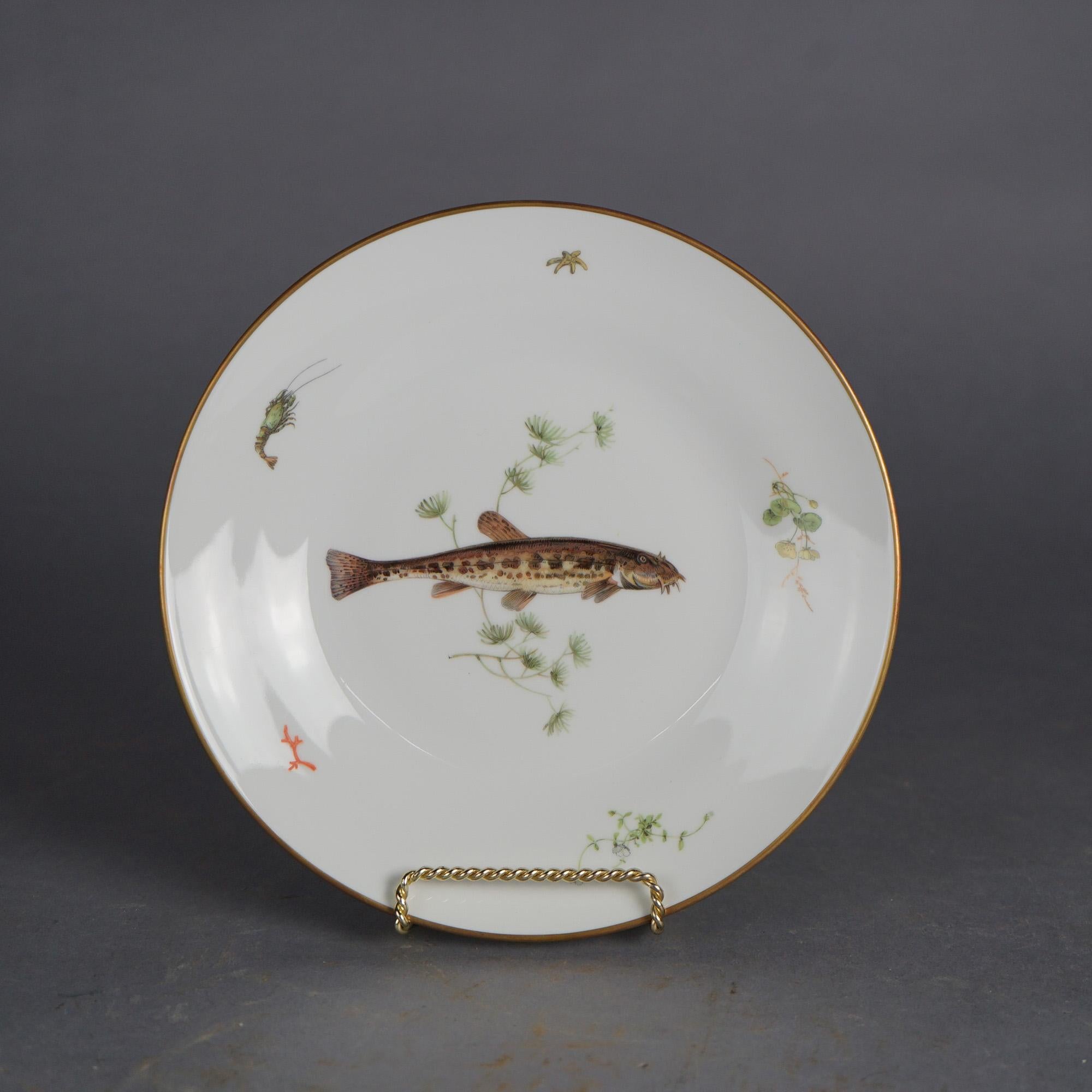 Hand-Painted Antique Set of Four Italian Ginori Hand Painted Porcelain Fish Plates, C1930