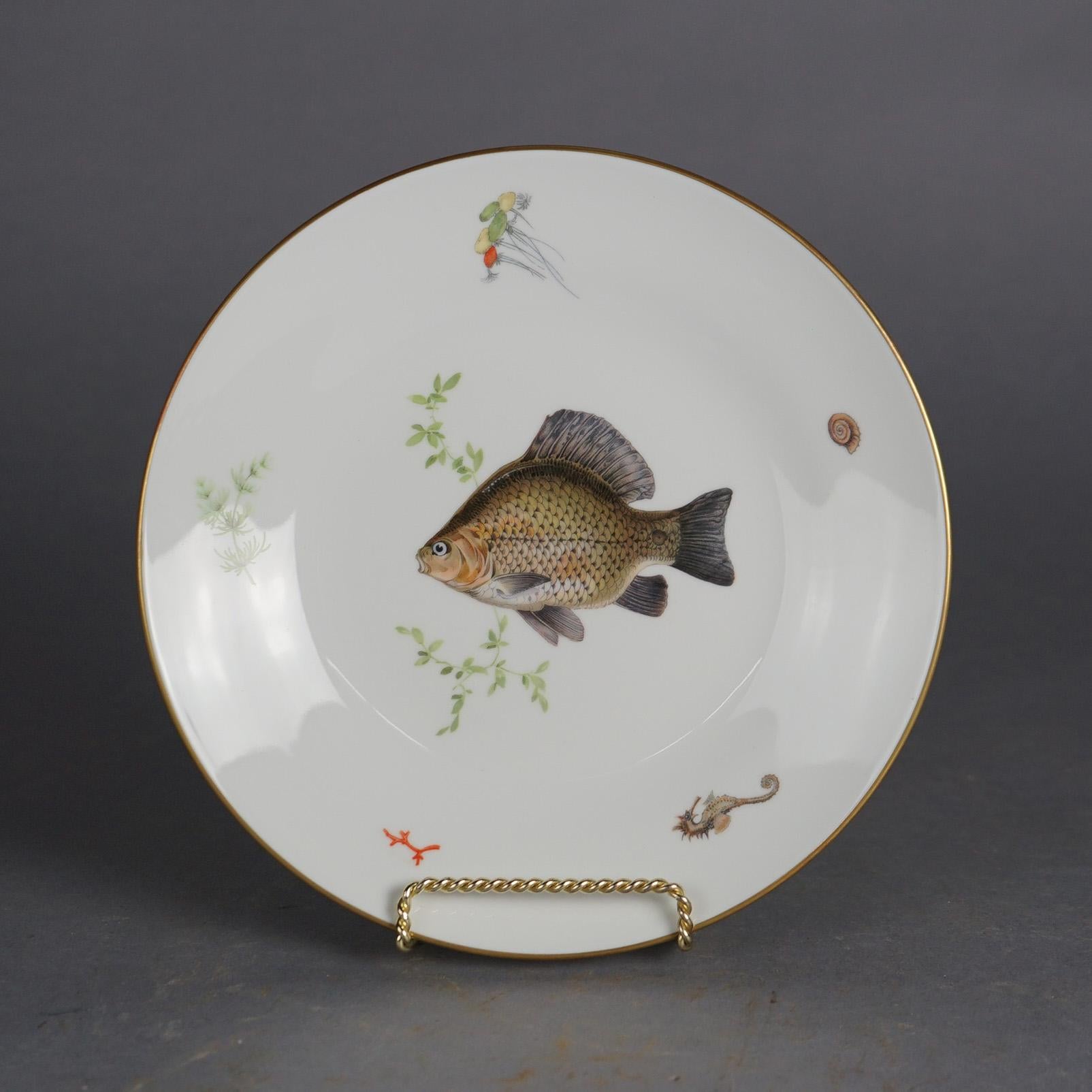 Antique Set of Four Italian Ginori Hand Painted Porcelain Fish Plates, C1930 In Good Condition In Big Flats, NY