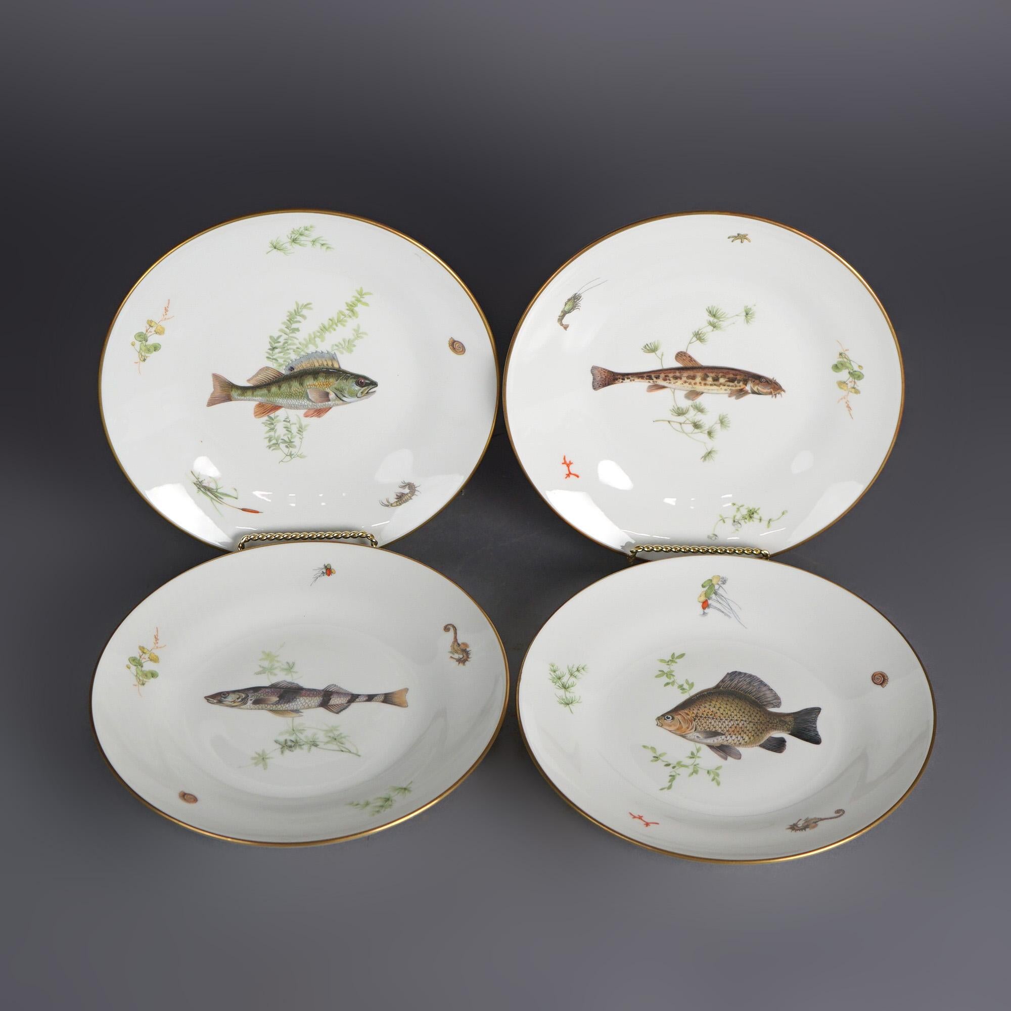 Antique Set of Four Italian Ginori Hand Painted Porcelain Fish Plates, C1930 1
