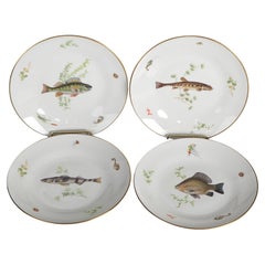 Antique Set of Four Italian Ginori Hand Painted Porcelain Fish Plates, C1930