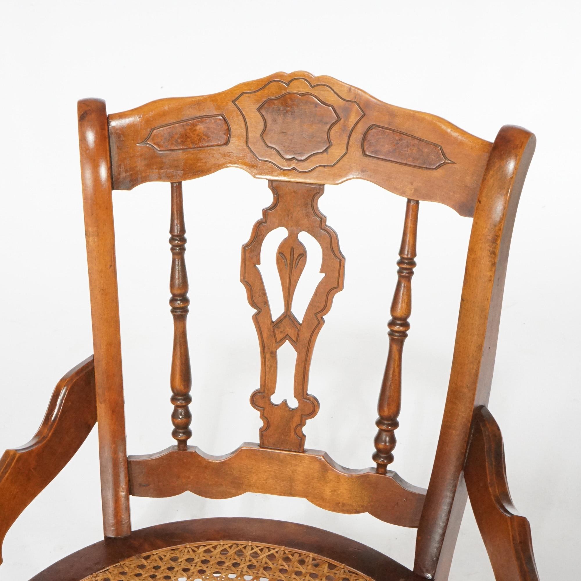 19th Century Antique Set of Four Victorian Walnut, Burl & Cane Seat Dining Chairs, Circa 1890 For Sale