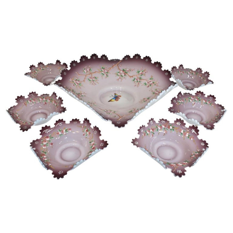 Antique Set of French Enamelled Opaline Glass Plates For Sale at 1stDibs