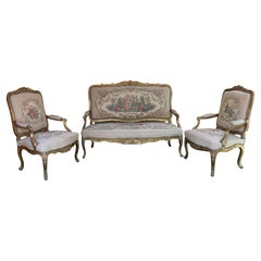 Antique Set of French Tapestry Gild Carved Gold Wood Arm Chairs Chairs & Sofa