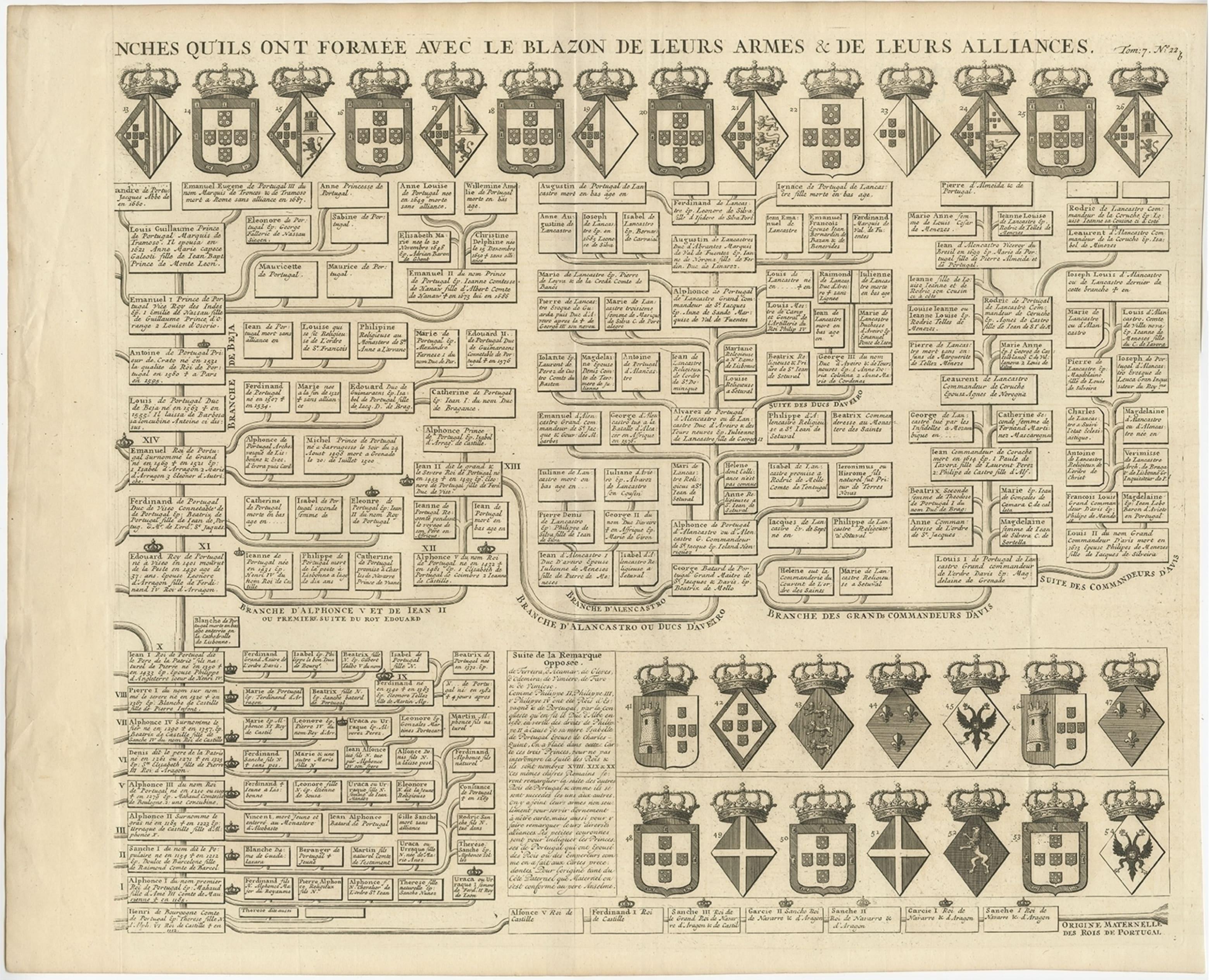 Antique print titled 'Carte Genealogique des Rois de Portugal (..)'. Set of two prints featuring the genealogy of the Kings of Portugal and the different branches, each with the corresponding coat of arms. This print orginates from 'Atlas