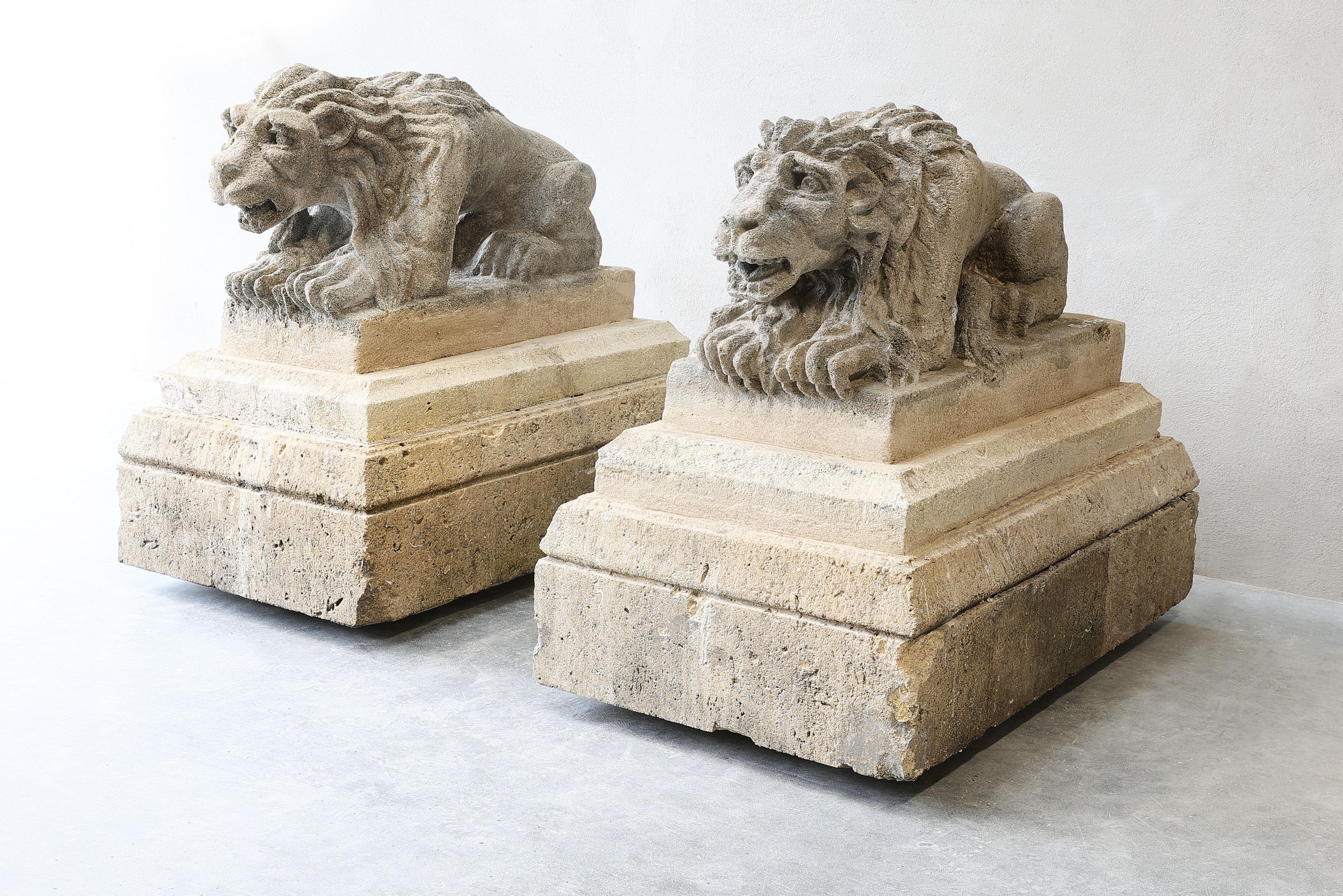 Other Set of Lions on a Pedestal of French Limestone For Sale