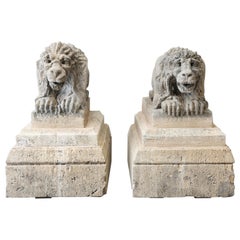 Antique Set of Lions on a Pedestal of French Limestone from the 19th Century