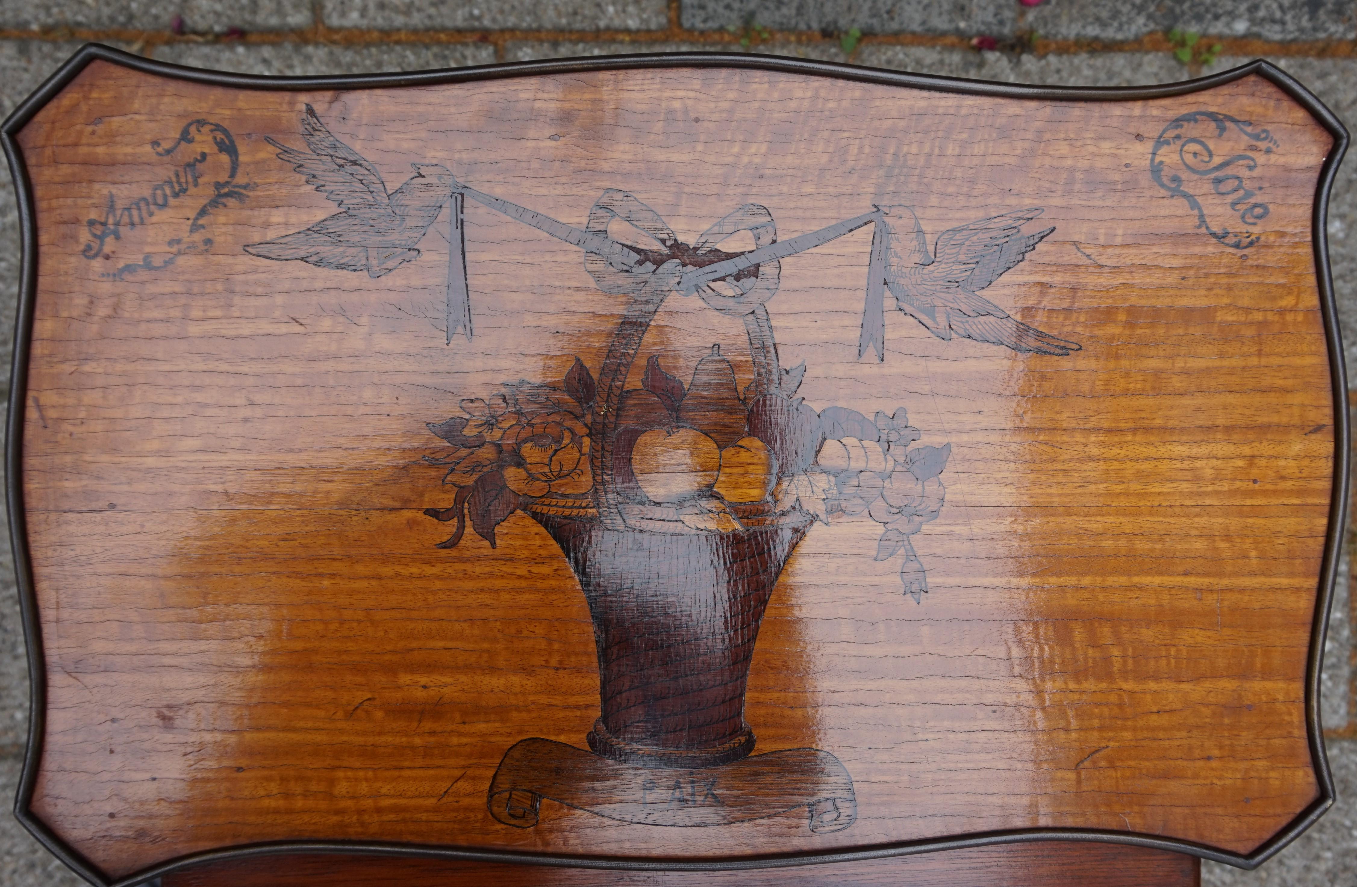 Antique Set of Nutwood Nesting Tables w. Inlaid Love Theme & Bronze Ornaments For Sale 4