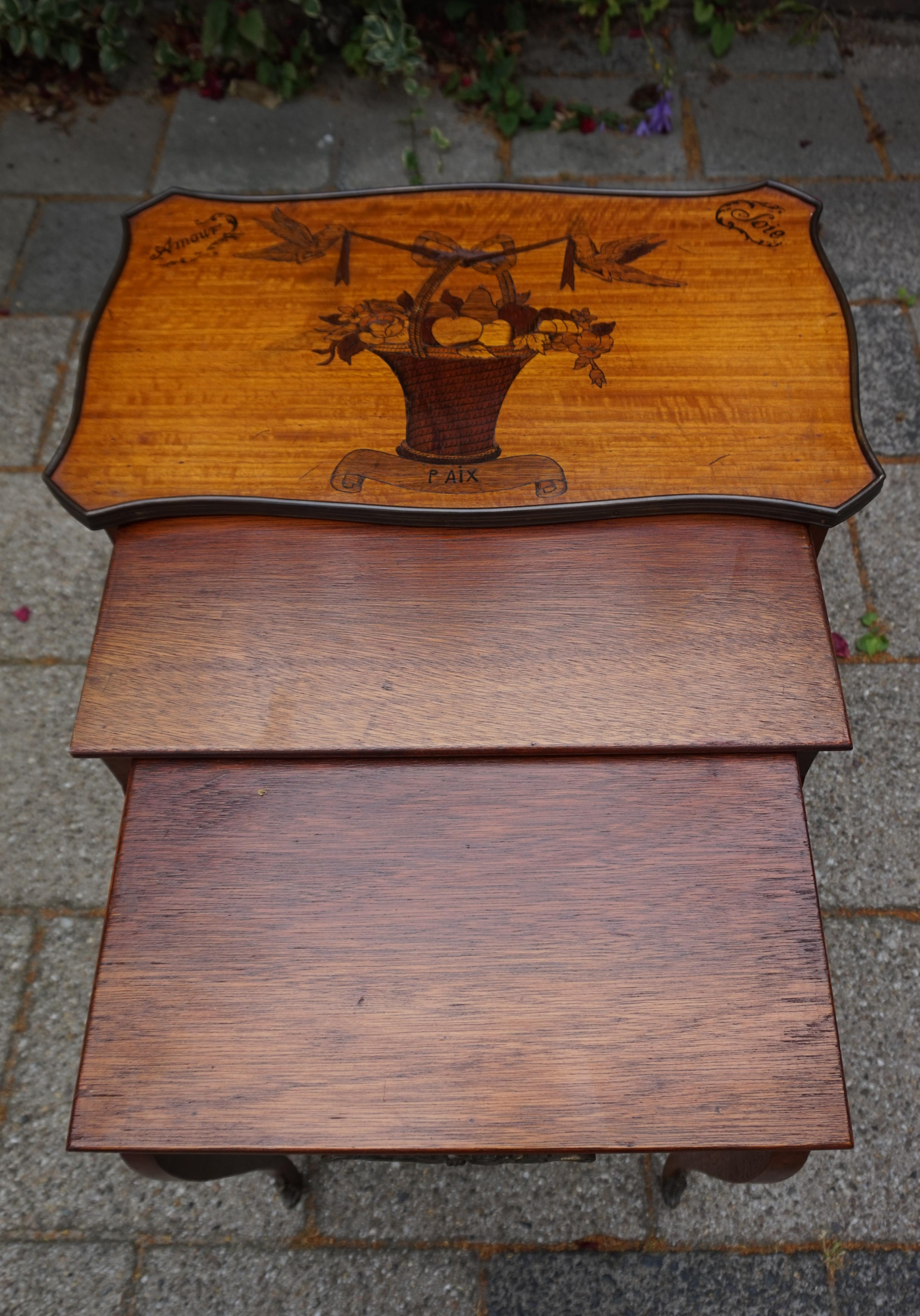 Antique Set of Nutwood Nesting Tables w. Inlaid Love Theme & Bronze Ornaments For Sale 7