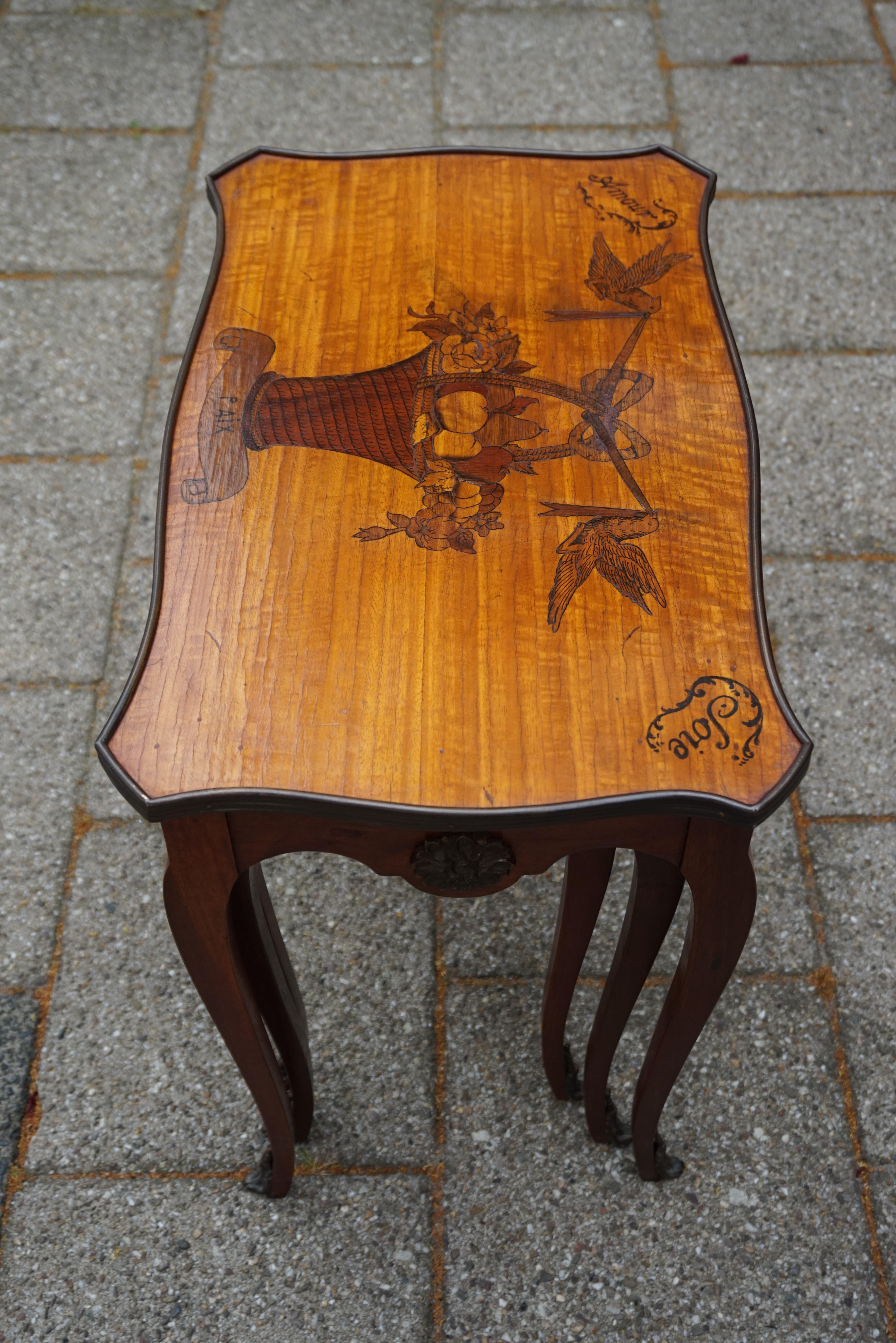Antique Set of Nutwood Nesting Tables w. Inlaid Love Theme & Bronze Ornaments 8