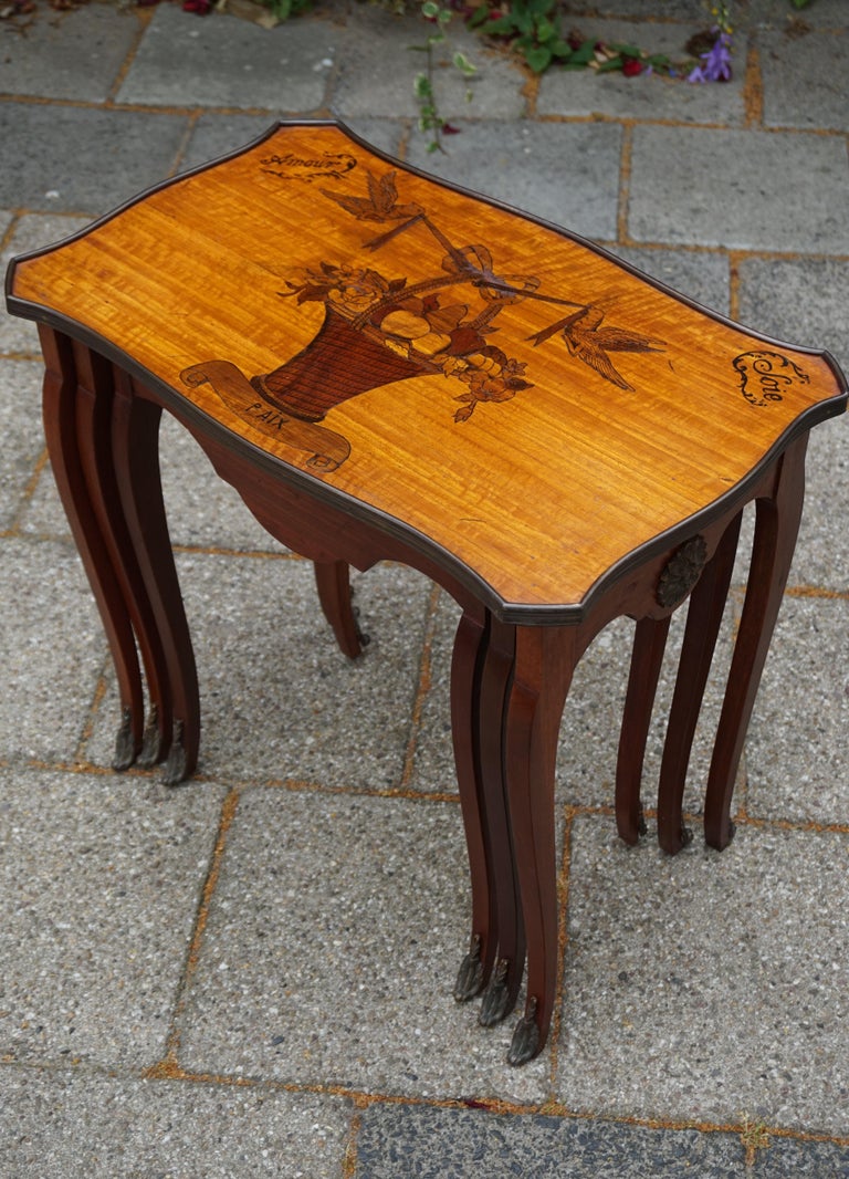 Antique Set of Nutwood Nesting Tables w. Inlaid Love Theme and Bronze