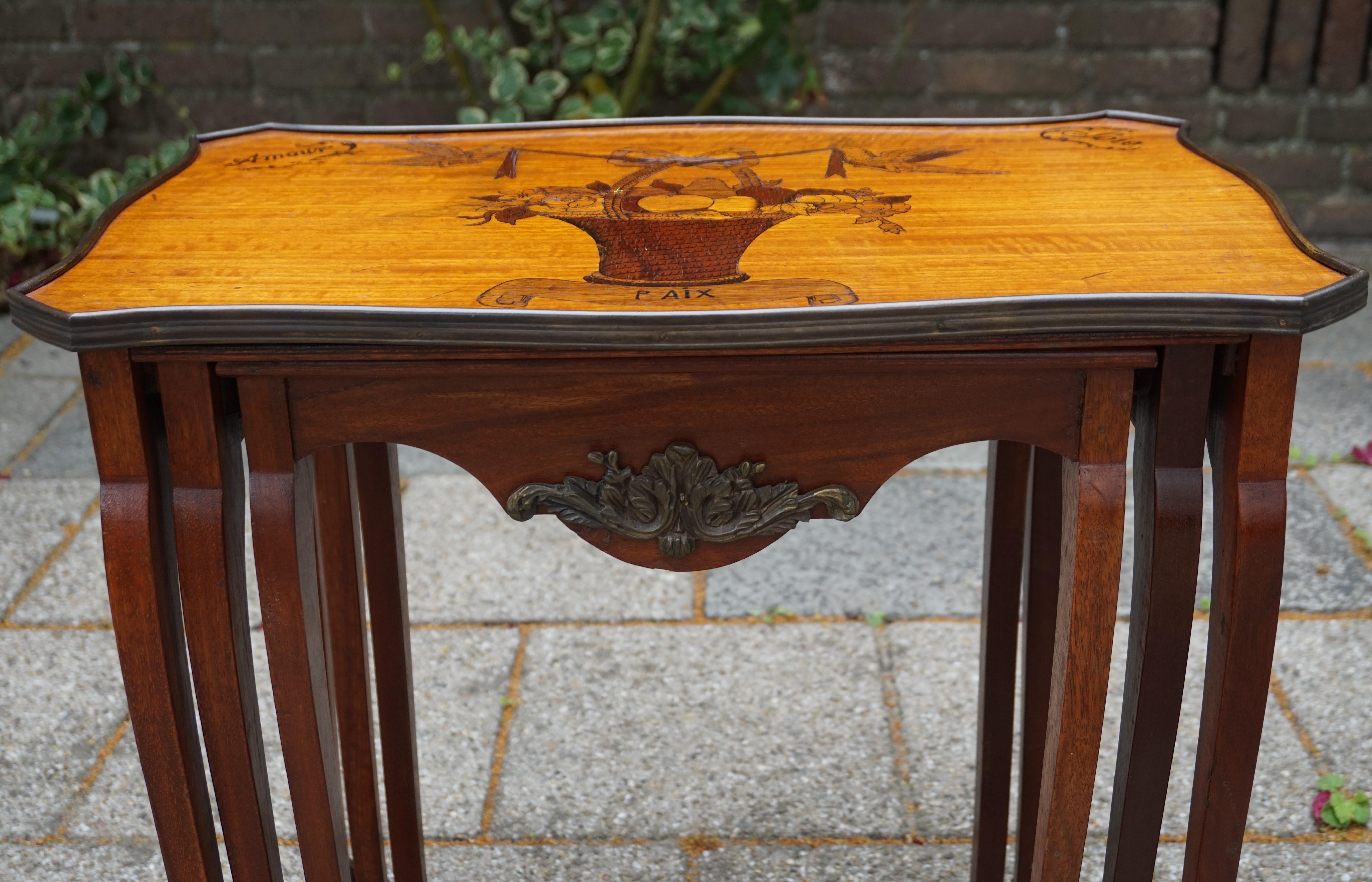 Napoleon III Antique Set of Nutwood Nesting Tables w. Inlaid Love Theme & Bronze Ornaments For Sale