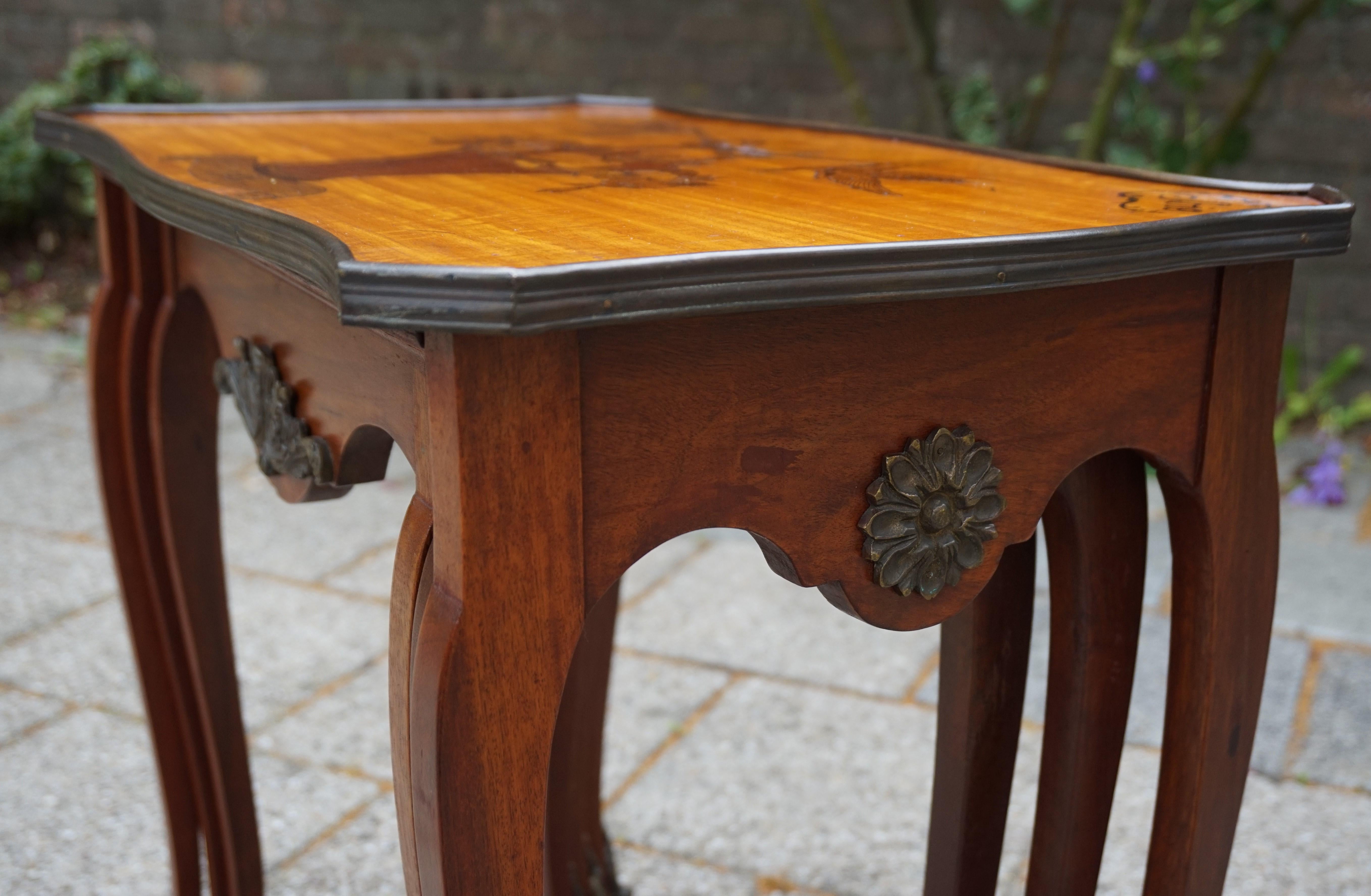 Belgian Antique Set of Nutwood Nesting Tables w. Inlaid Love Theme & Bronze Ornaments For Sale