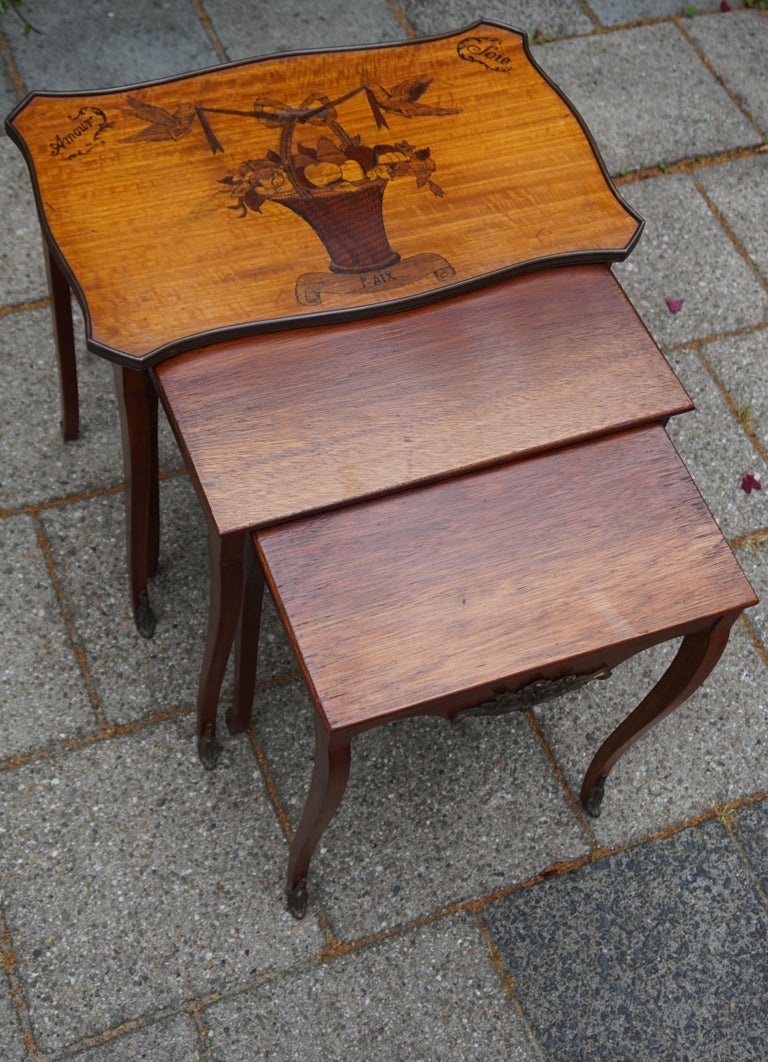 Antique Set of Nutwood Nesting Tables w. Inlaid Love Theme and Bronze