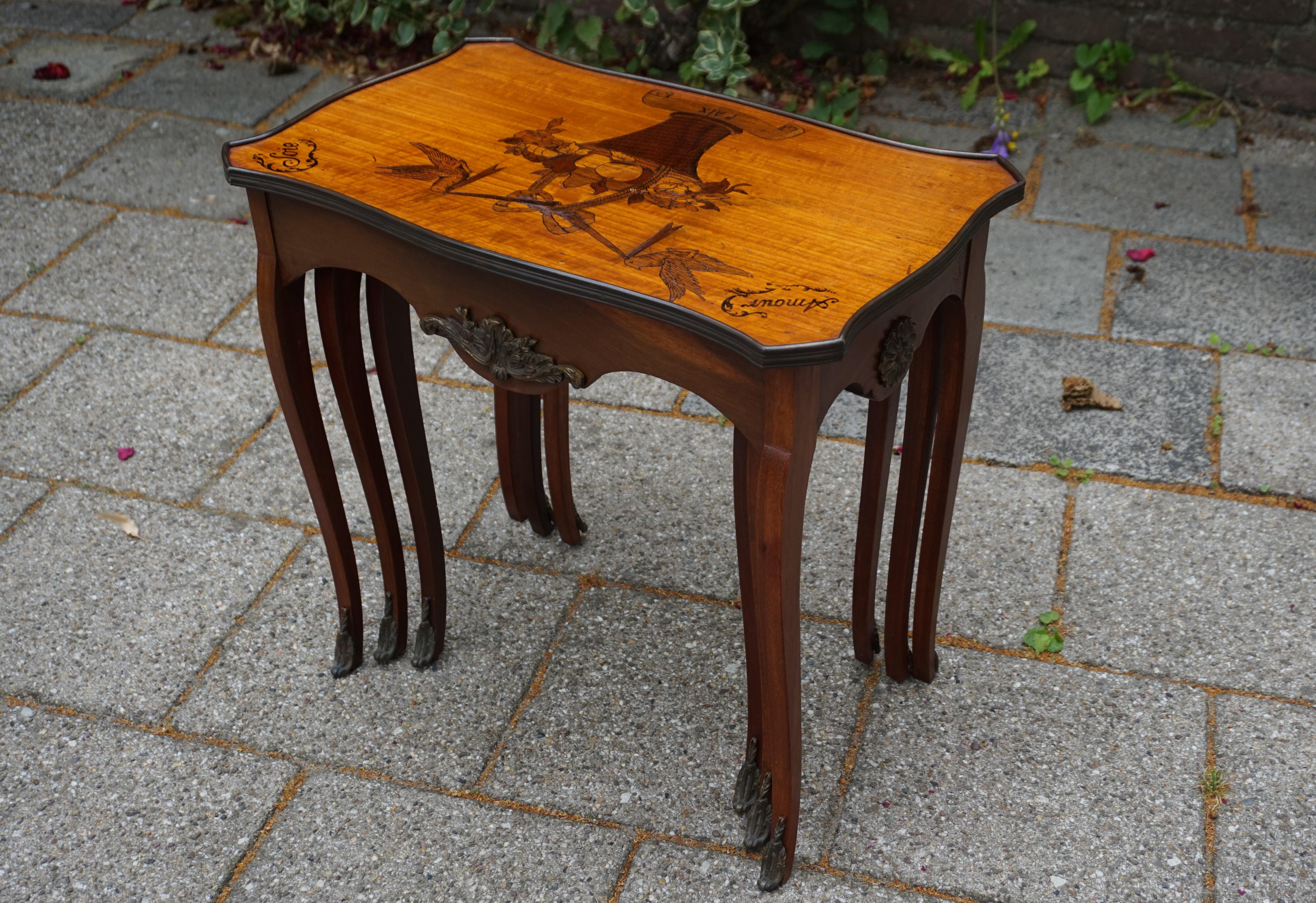 20th Century Antique Set of Nutwood Nesting Tables w. Inlaid Love Theme & Bronze Ornaments For Sale