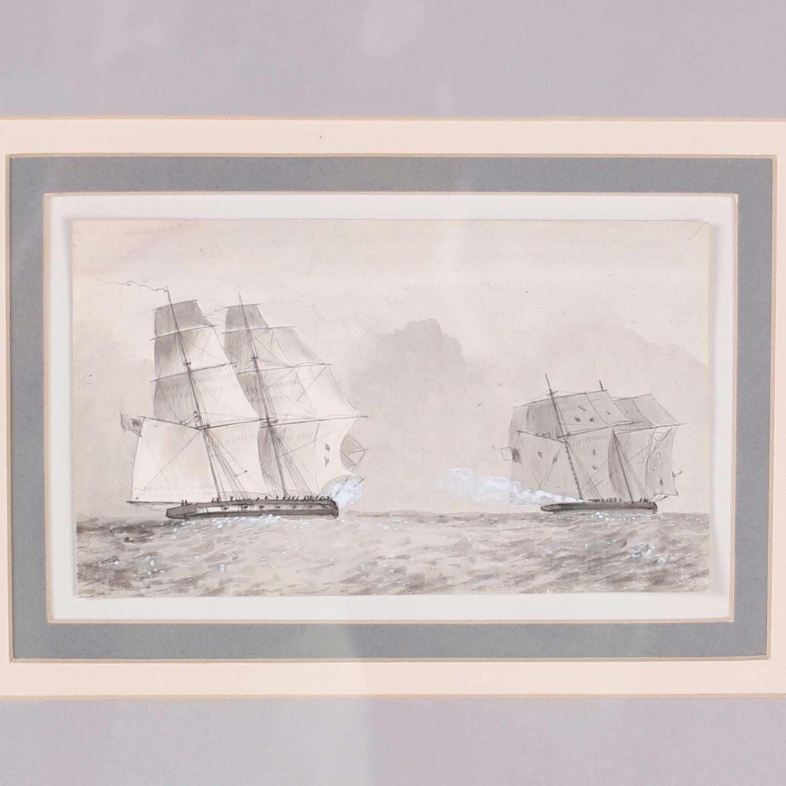 Antique Set of Nine Framed Pen and Ink Navel Sailing Ships For Sale 3