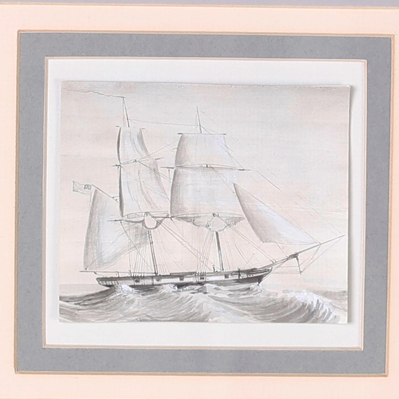 Set of nine antique drawings of American and English Navel Sailing ships executed in a pen and ink technique highlighted with watercolor, matted and presented in mahogany frames behind glass.

Top Row- H: 10.5 W: 11 D: .75
Middle Row- H: 10.5 W: