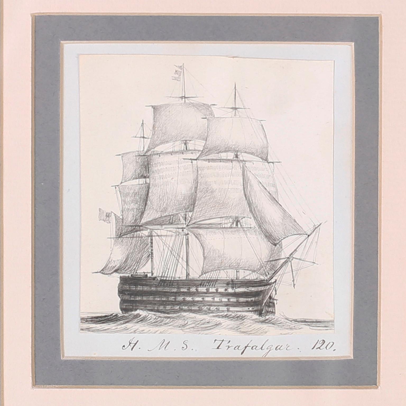 British Colonial Antique Set of Nine Framed Pen and Ink Navel Sailing Ships For Sale