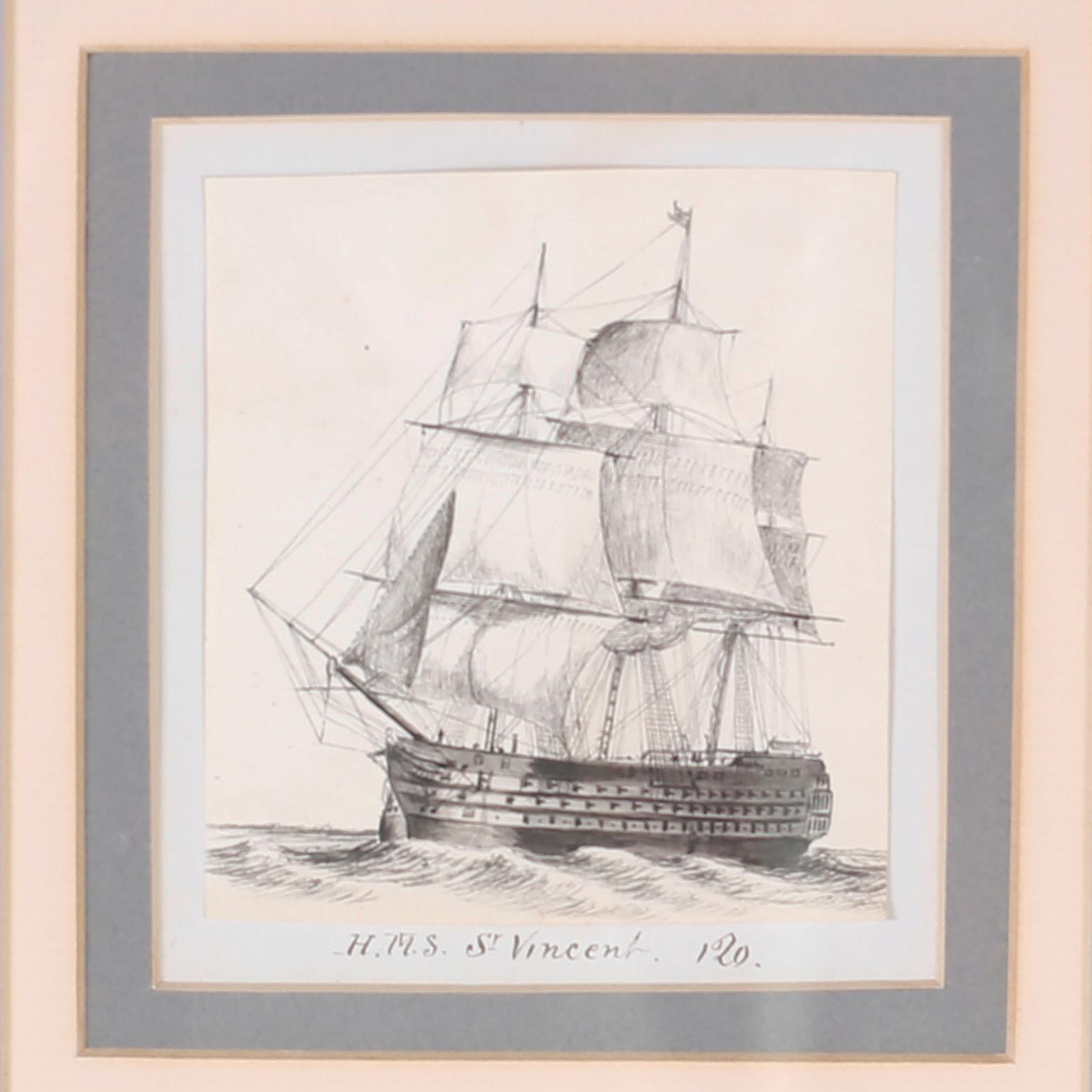 English Antique Set of Nine Framed Pen and Ink Navel Sailing Ships For Sale