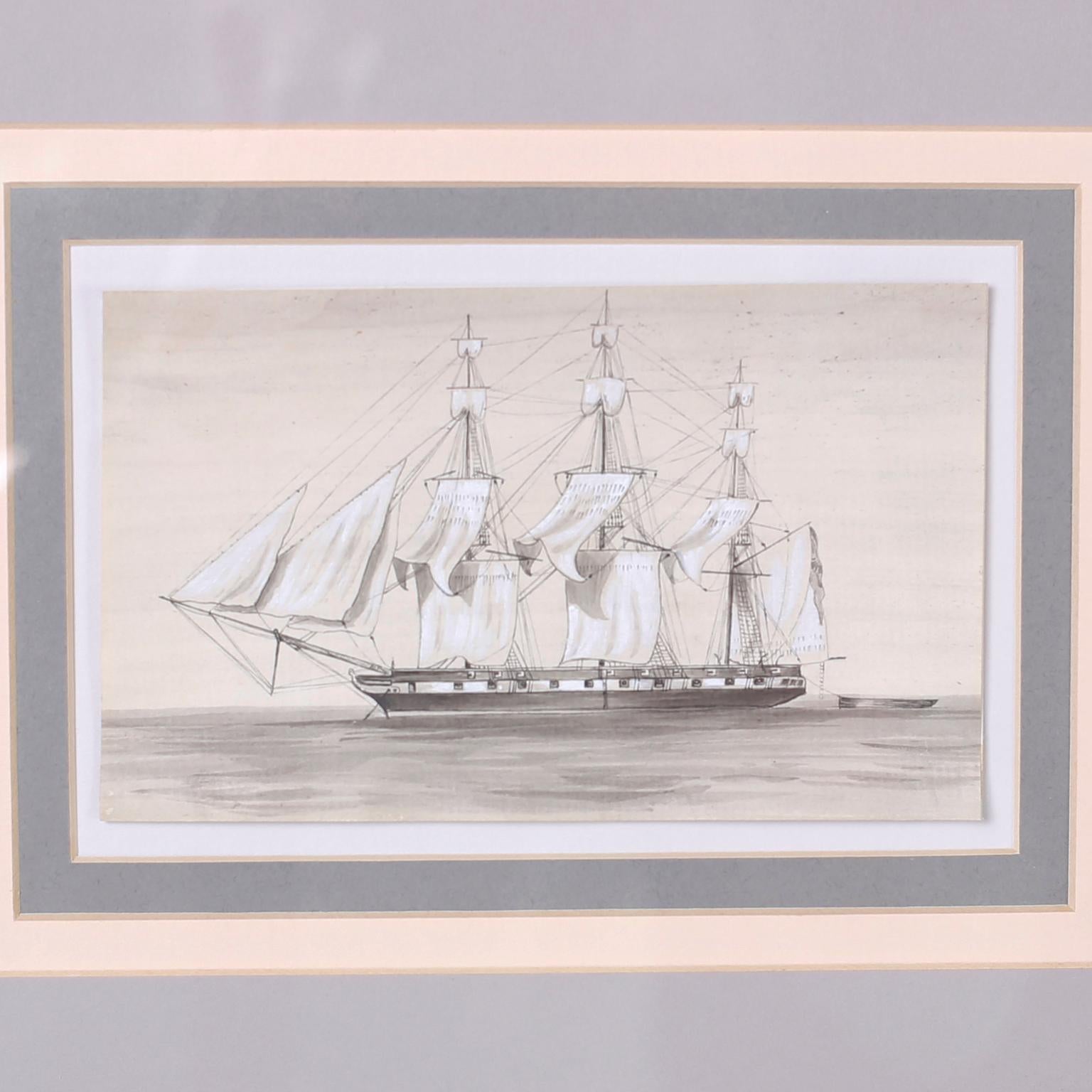 Antique Set of Nine Framed Pen and Ink Navel Sailing Ships In Good Condition For Sale In Palm Beach, FL