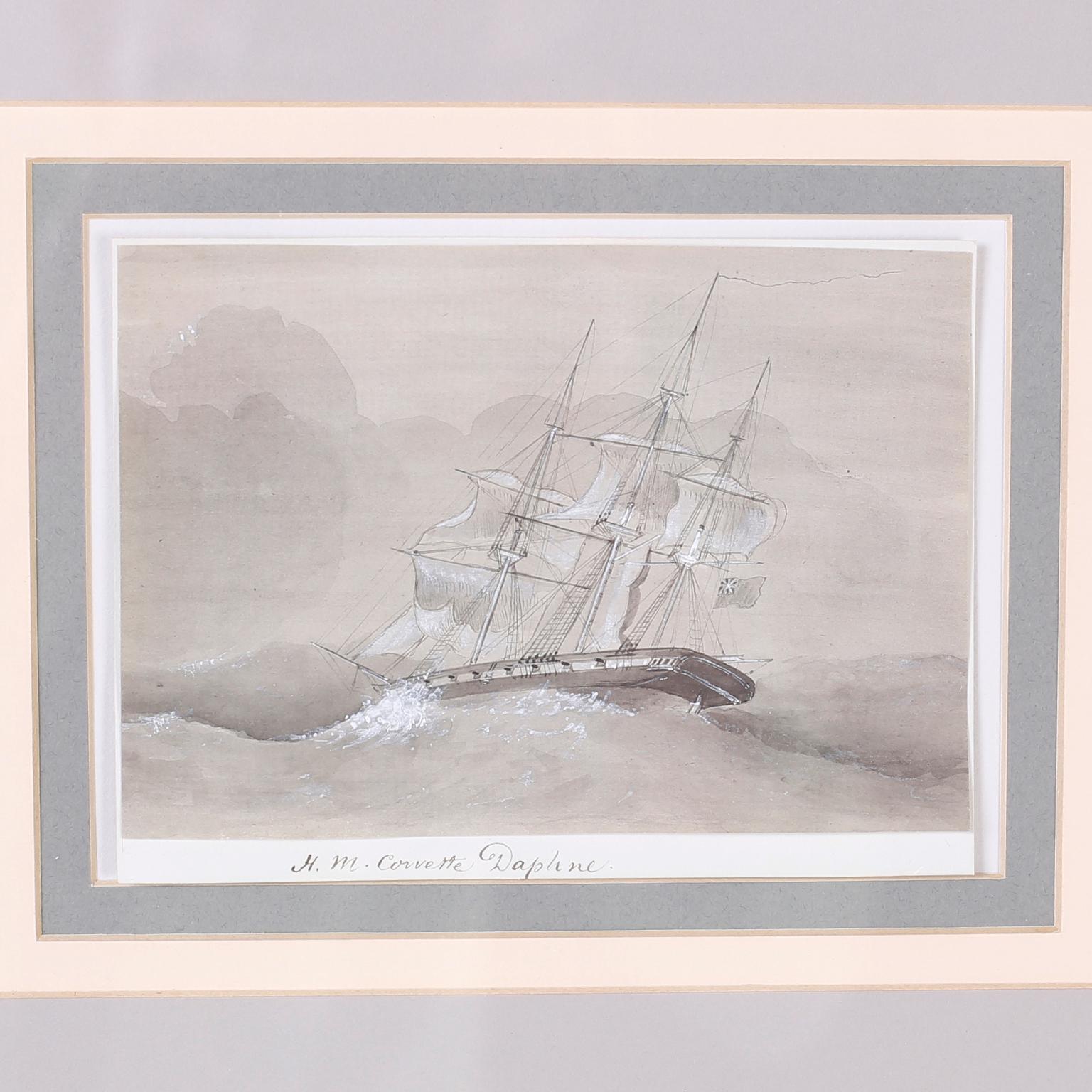 19th Century Antique Set of Nine Framed Pen and Ink Navel Sailing Ships For Sale