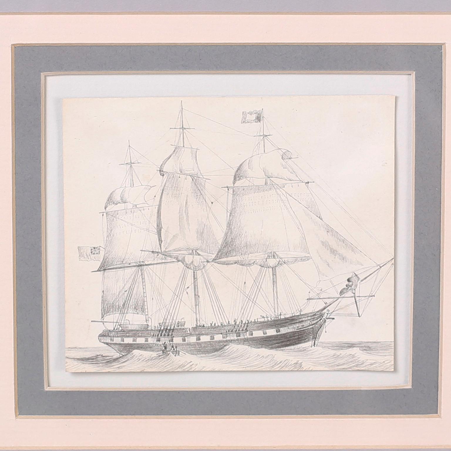 Pittura Antico set di nove navi a vela con cornice a penna e inchiostro in vendita