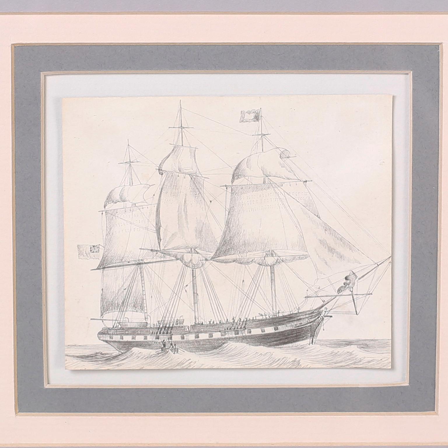 Paint Antique Set of Nine Framed Pen and Ink Navel Sailing Ships For Sale