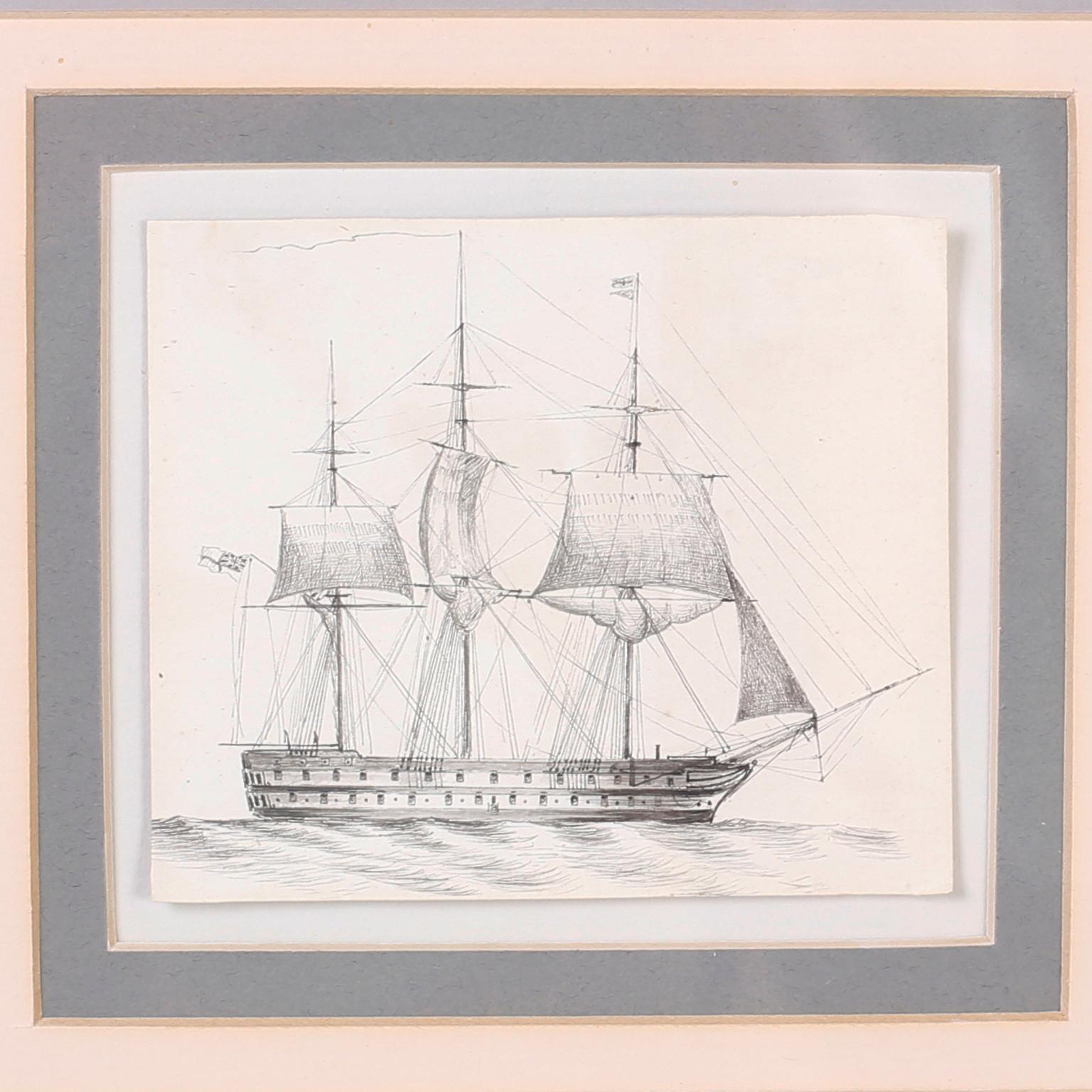 Antique Set of Nine Framed Pen and Ink Navel Sailing Ships For Sale 1