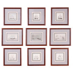 Antique Set of Nine Framed Pen and Ink Navel Sailing Ships