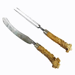 Antique Set of Rustic Carter Cutlery with Carved Horn Handles 18th