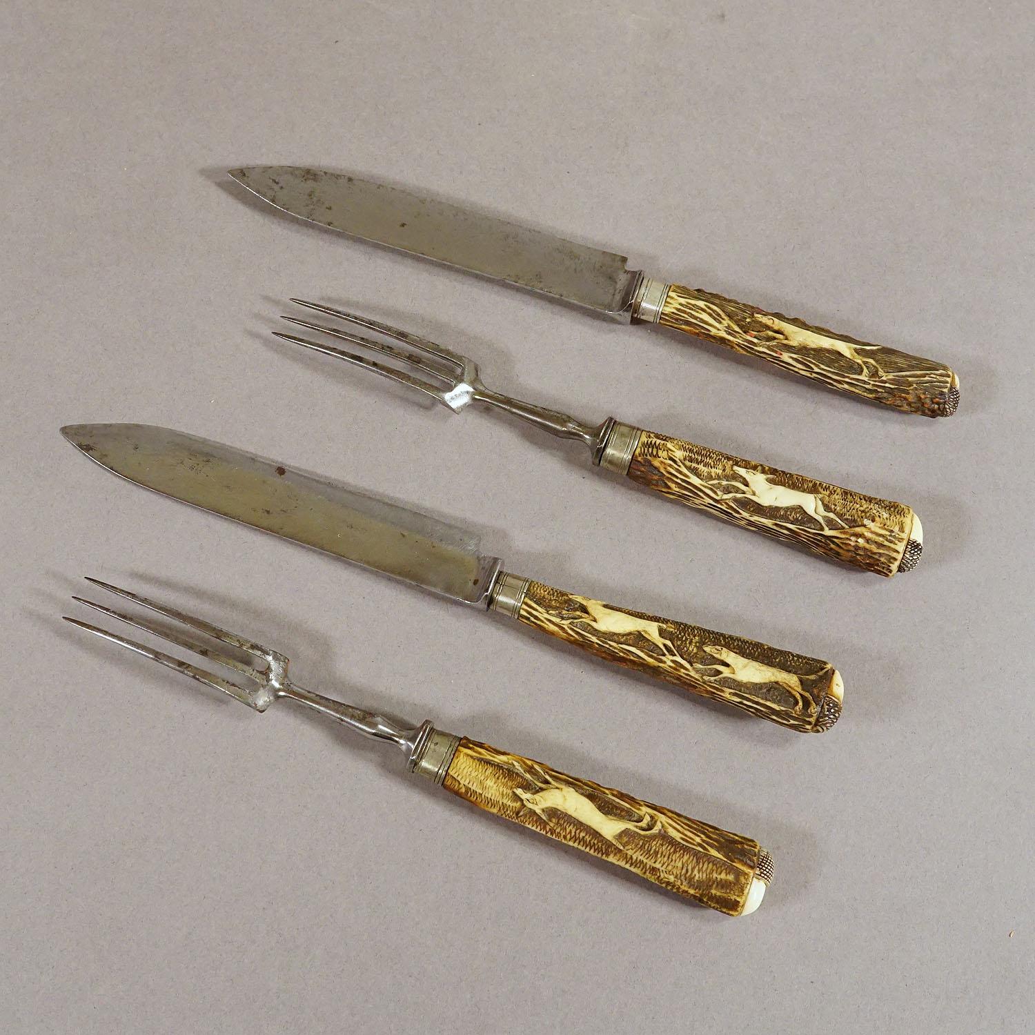 Black Forest Antique Set of Rustic Hunters Cutlery with Carved Deer Horn Handles For Sale