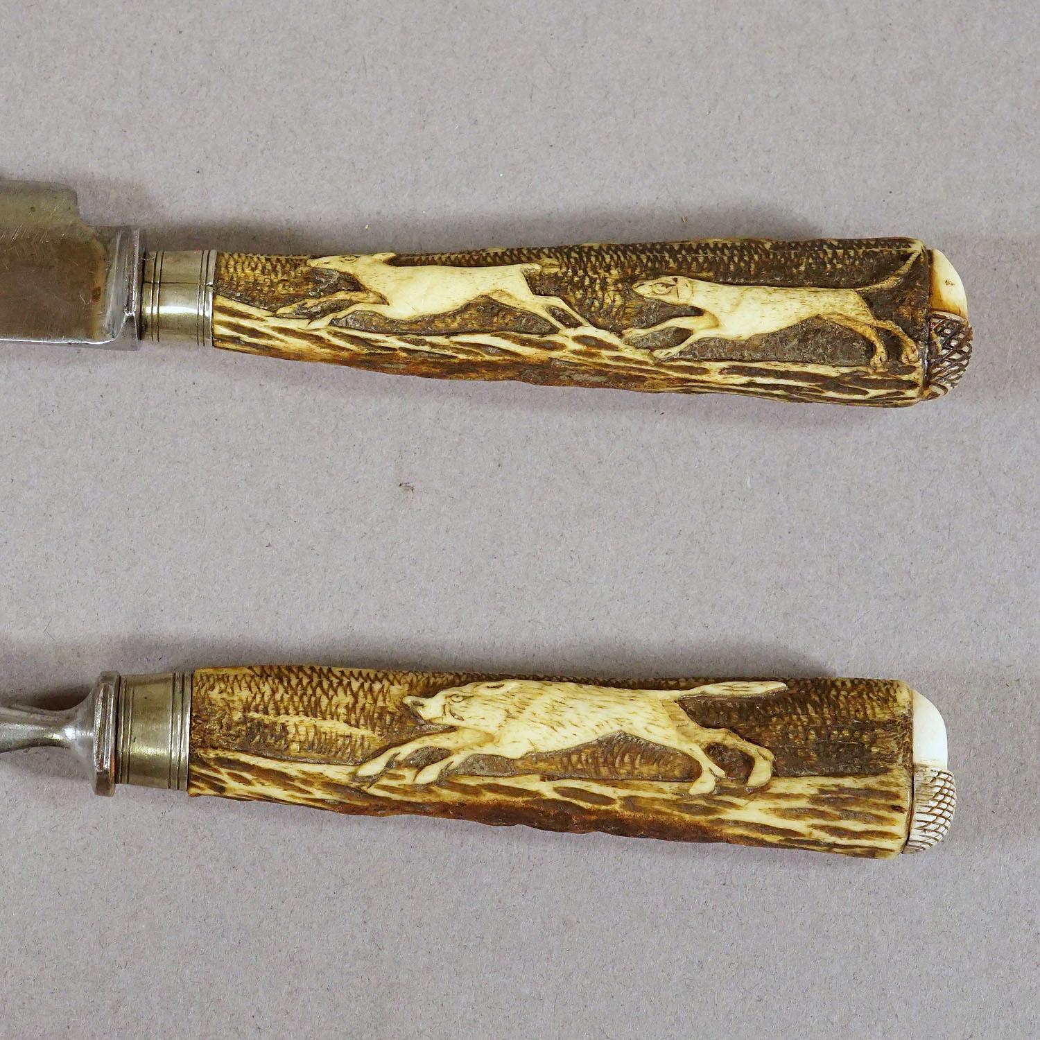 19th Century Antique Set of Rustic Hunters Cutlery with Carved Deer Horn Handles For Sale