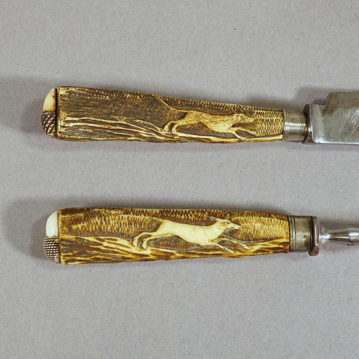 Metal Antique Set of Rustic Hunters Cutlery with Carved Deer Horn Handles For Sale