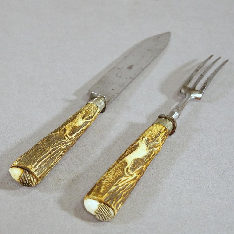 Antique Set of Rustic Hunters Cutlery with Carved Deer Horn Handles For ...