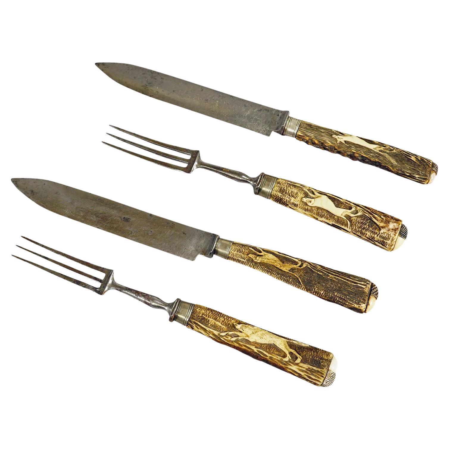 Antique Set of Rustic Hunters Cutlery with Carved Deer Horn Handles For Sale
