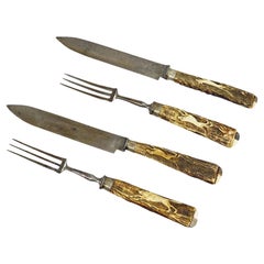 Antique Set of Rustic Hunters Cutlery with Carved Deer Horn Handles