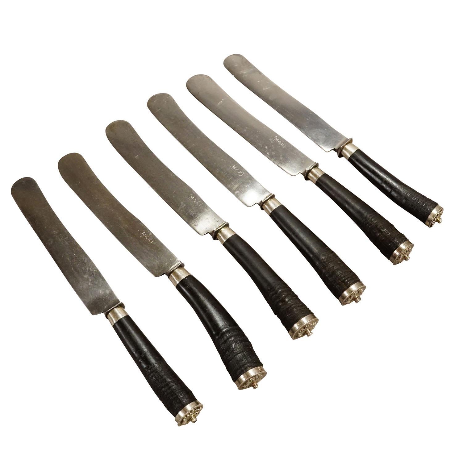 Antico set di coltelli da caccia rustici con manici in corno di camoscio

Un raro set antico di sei coltelli. I manici sono realizzati in vero corno di camoscio e presentano un pomello d'argento decorato alle estremità. Le lame sono realizzate in