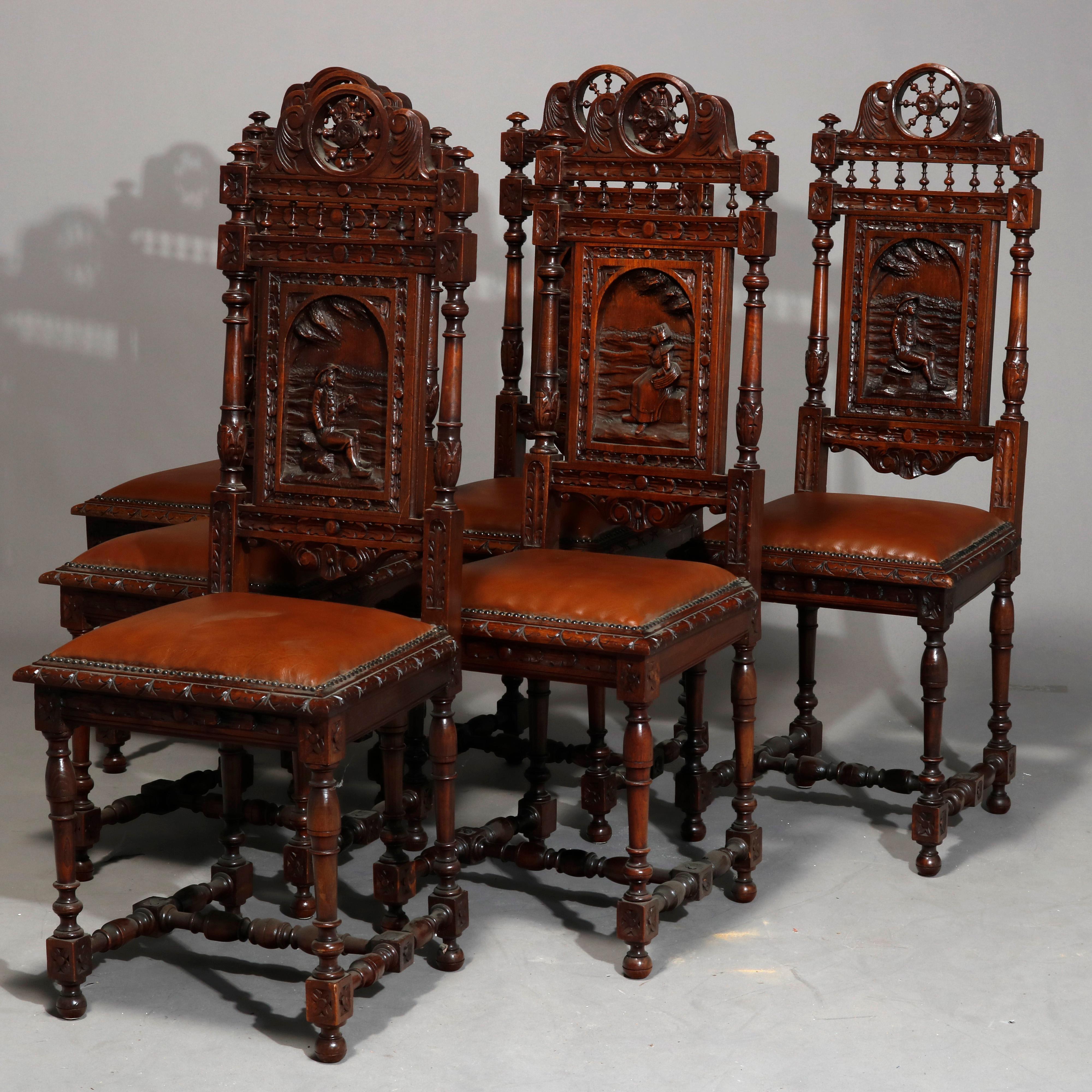 An antique set of six continental dining chairs offers oak construction with wagon wheel form crest surmounting spindled and deeply carved backs with arch reserve having genre scenes with figures and countryside elements over leather seats, raised