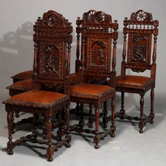 Antique Set of 6Continental Deeply Carved Genre Scenes Oak Dining Chairs, c 1890